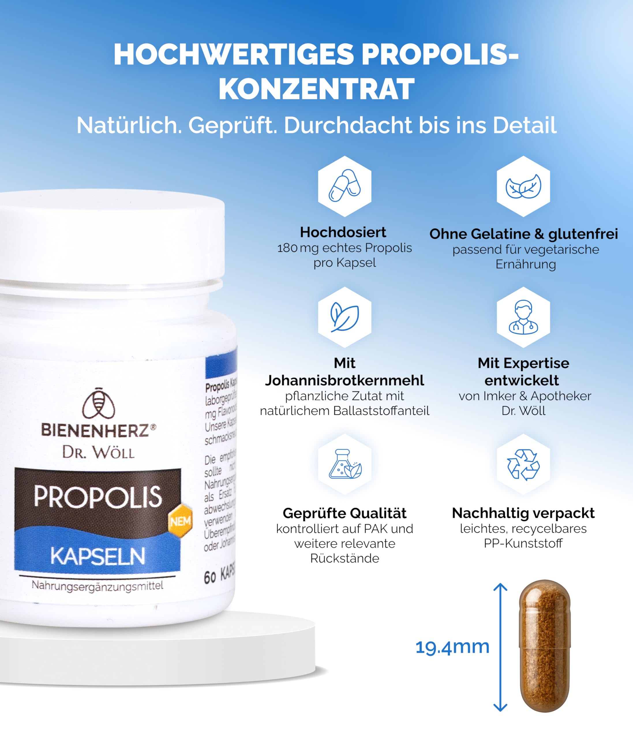 Propolis Kapseln – 180mg reines Propolis-Konzentrat – 3er Set – PAK-geprüft – entwickelt von Imker & Apotheker Dr. Wöll – Made in Germany