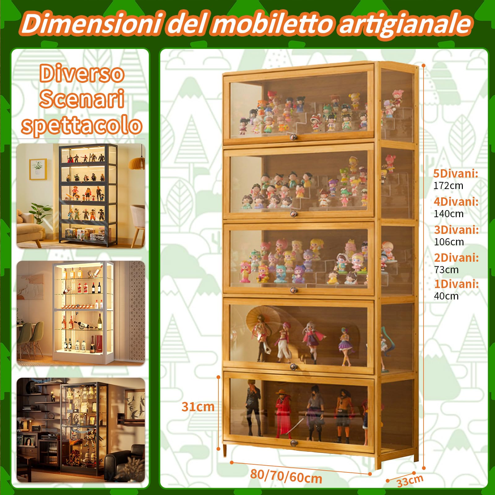 Vetrina Espositiva Per Collezionismo,Vetrina multifunzionale in bambù, Design Della Porta dell'armadio a Ribalta,Vetrinetta Espositiva per Uffici, Camere da Letto, Soggiorni