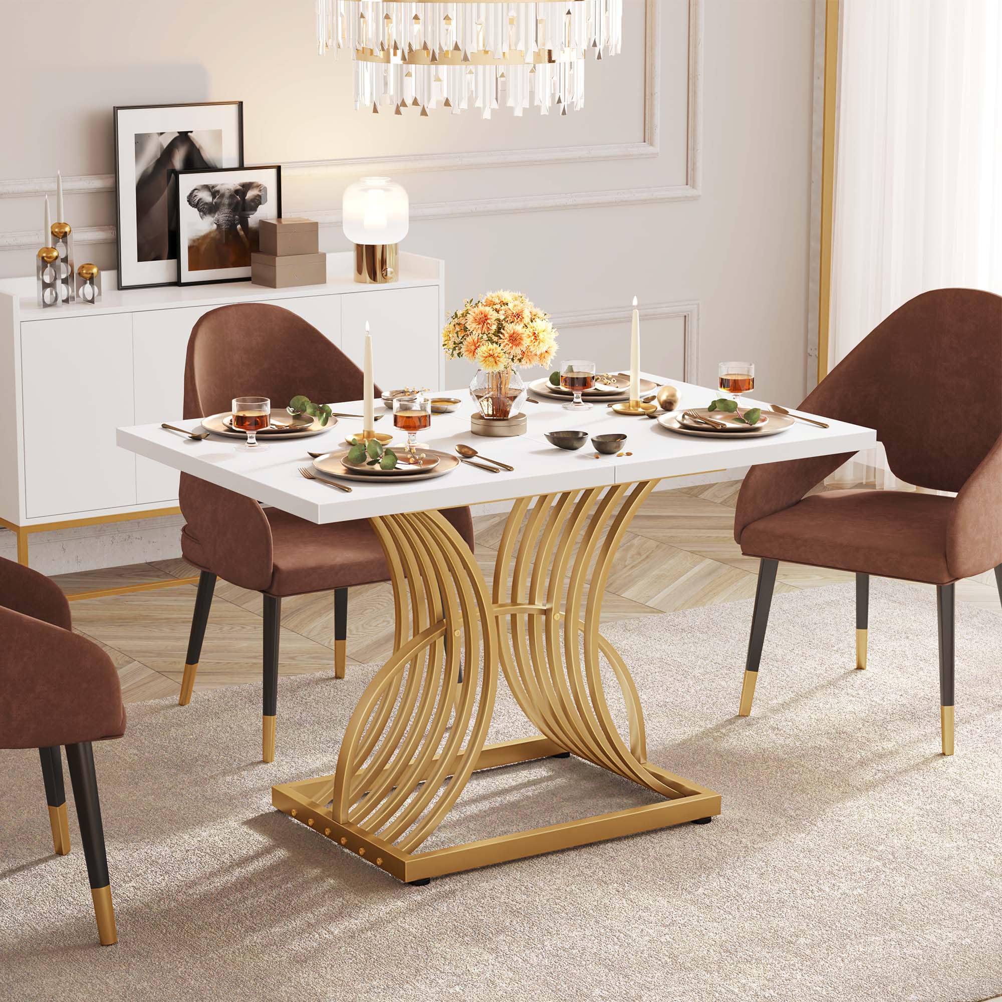 Photo 1 of ******AS IS ALL SALES FINAL NO RETURNS*****DWVO Modern Dining Table for 4 People 47 Inch Rectangular Kitchen Table with White Tabletop and Gold Geometric Legs Small Dinner Table Kitchen & Dining Room Furniture White & Gold