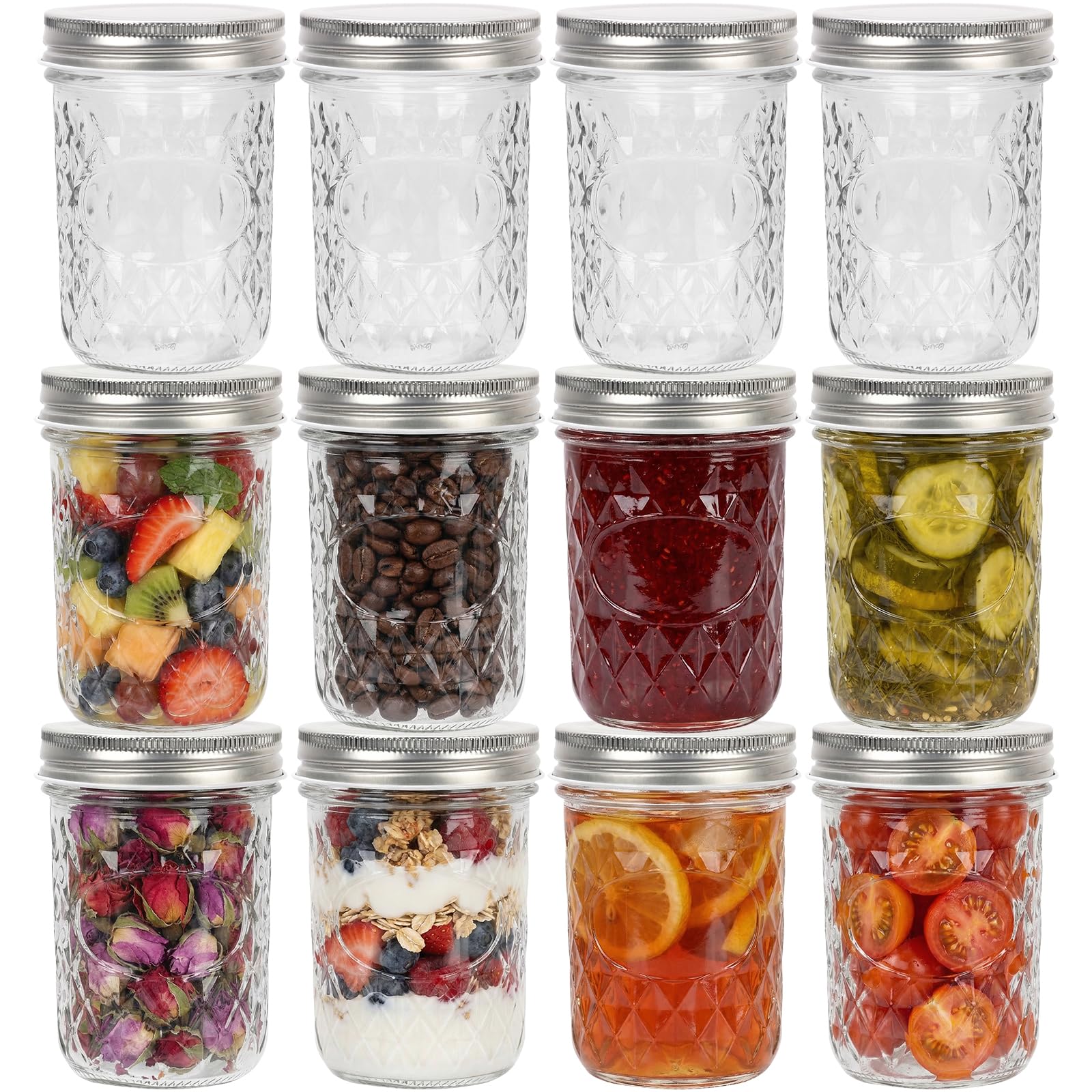 Crystal Mason Jar 16 oz,12 Pack Glass Canning Jars with Airtight Screw Lids | Keketin