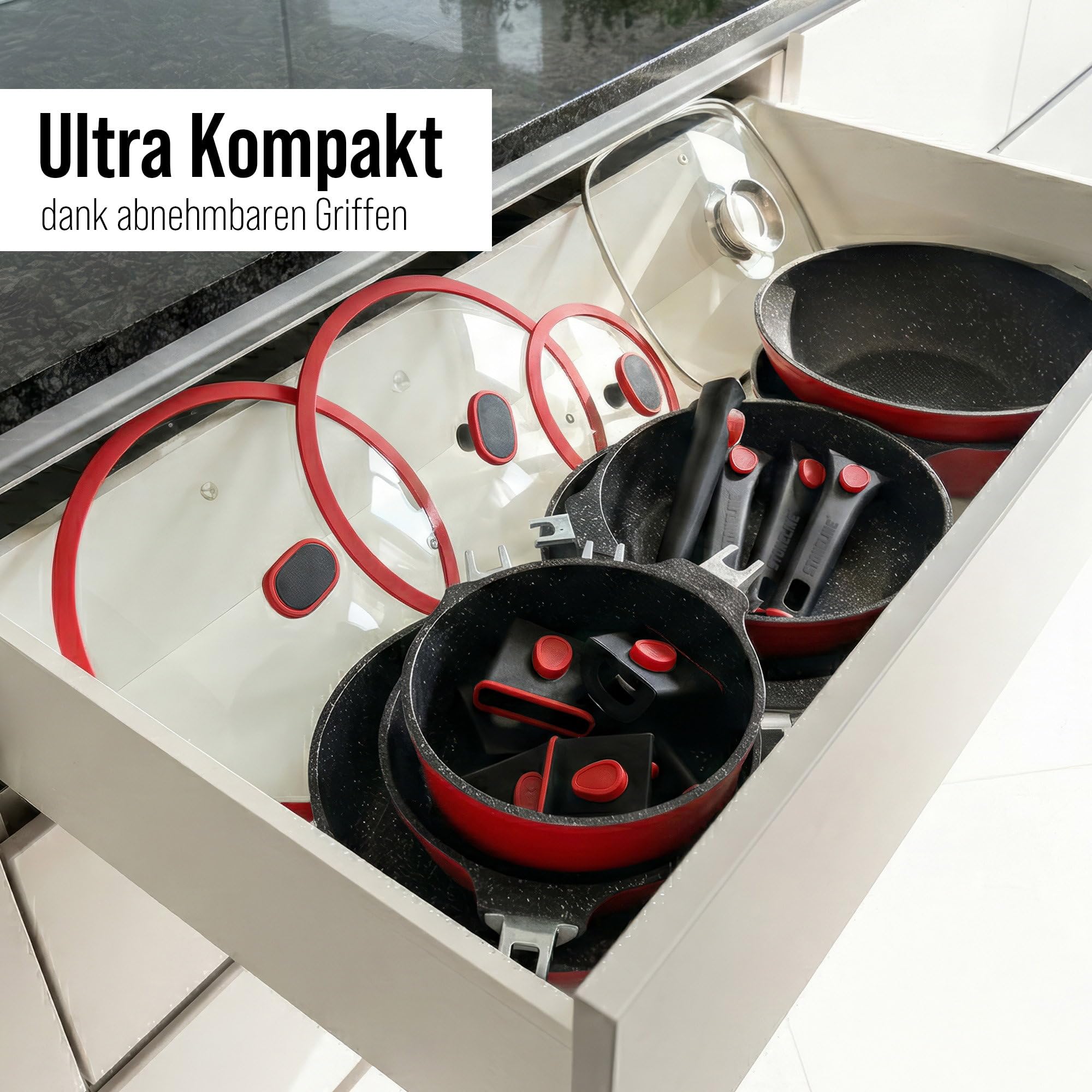 STONELINE SMART Pfannen Töpfe Set 8-teilig ☆ REDESIGN 25/26 ☆ Aluguss Topfset mit Deckel, Abnehmbarer Griff, Kochtopf Pfanne Induktion, Alle Herdarten, Antihaftbeschichtet Echte Steinpartikel, Rot