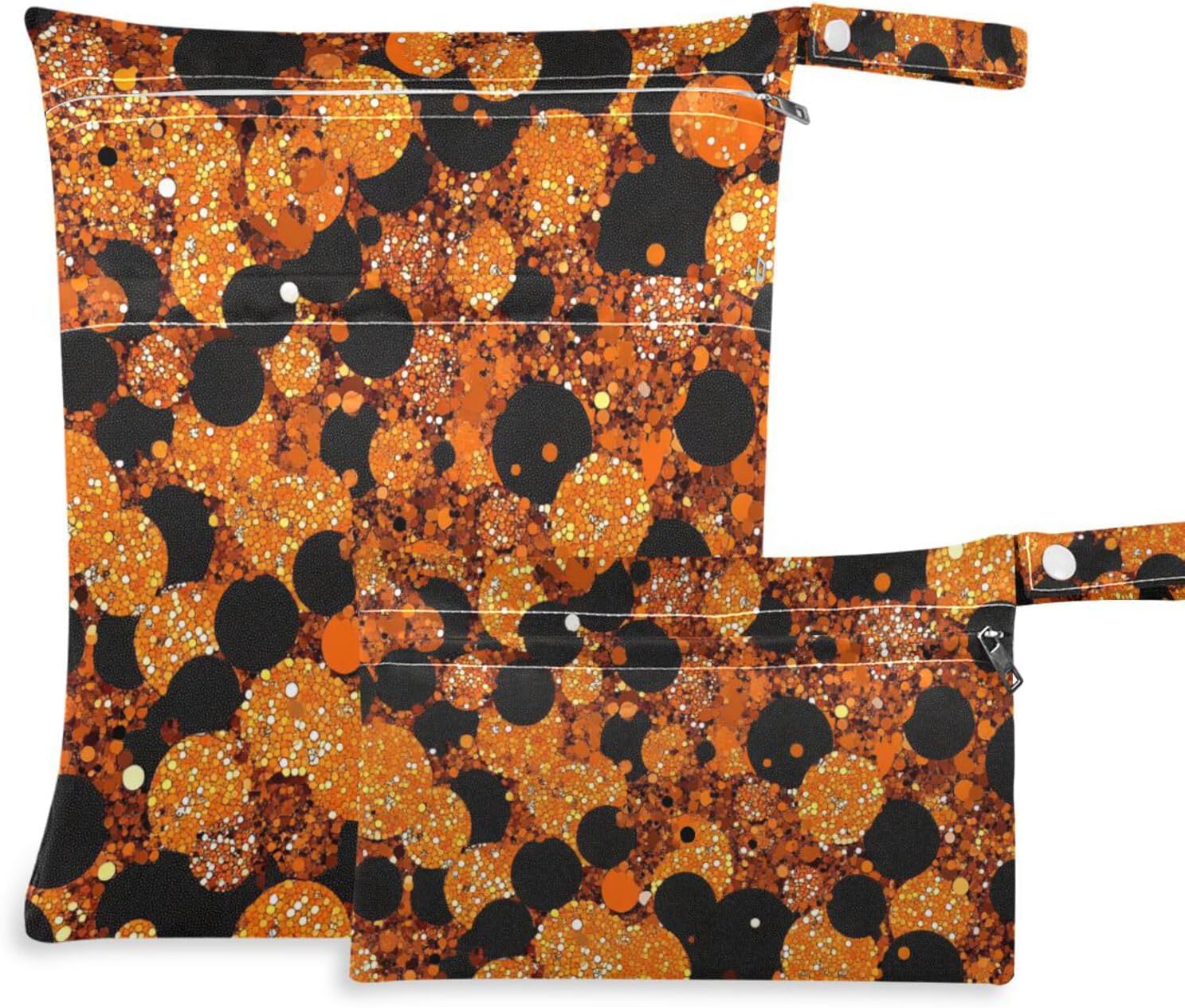 Orange Black Fake Glitter zippered clothes bag 2 Pack wet bag for swimsuit with handles for pool, baby diapers