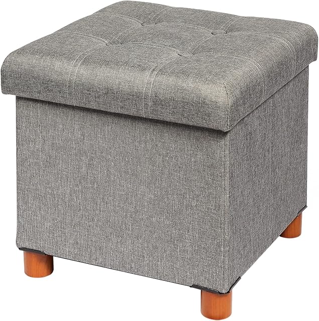 Bonlife Grey Folding Ottoman Storage with 4 Wood Legs,Linen Fabric Living Room Footstool,Foldable Storage Cube Seat Rest Toy Box 38x38x38cm