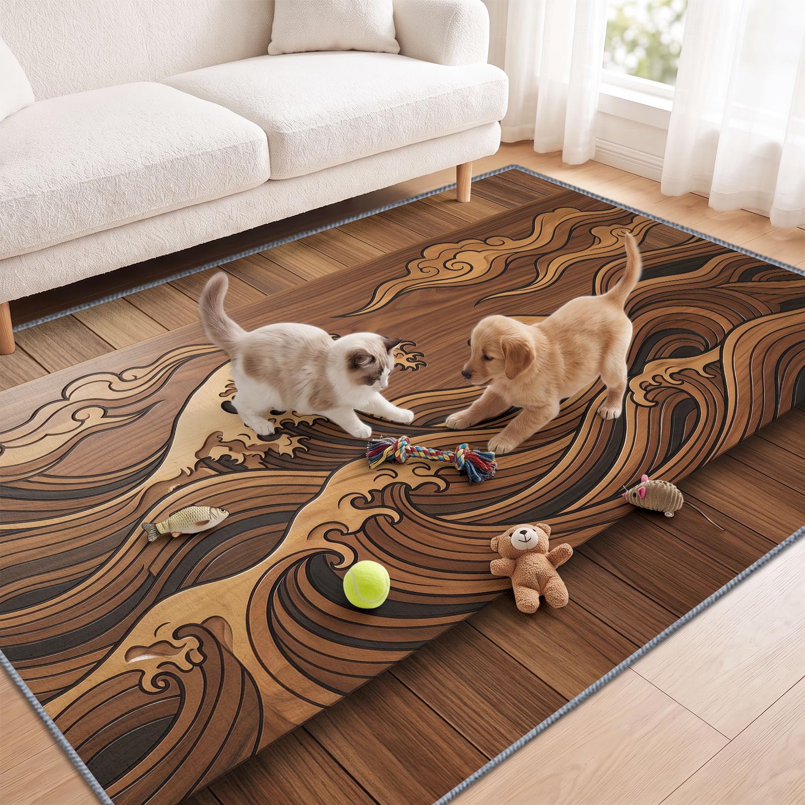 Générique Tapis Salon Paysage Océan Vagues Imitation Bois 160 x 230 cm, Lavable en Machine Tapis de Sol Oriental Doux Antidérapant pour Entree Interieur, Chambre, Salle à Manger