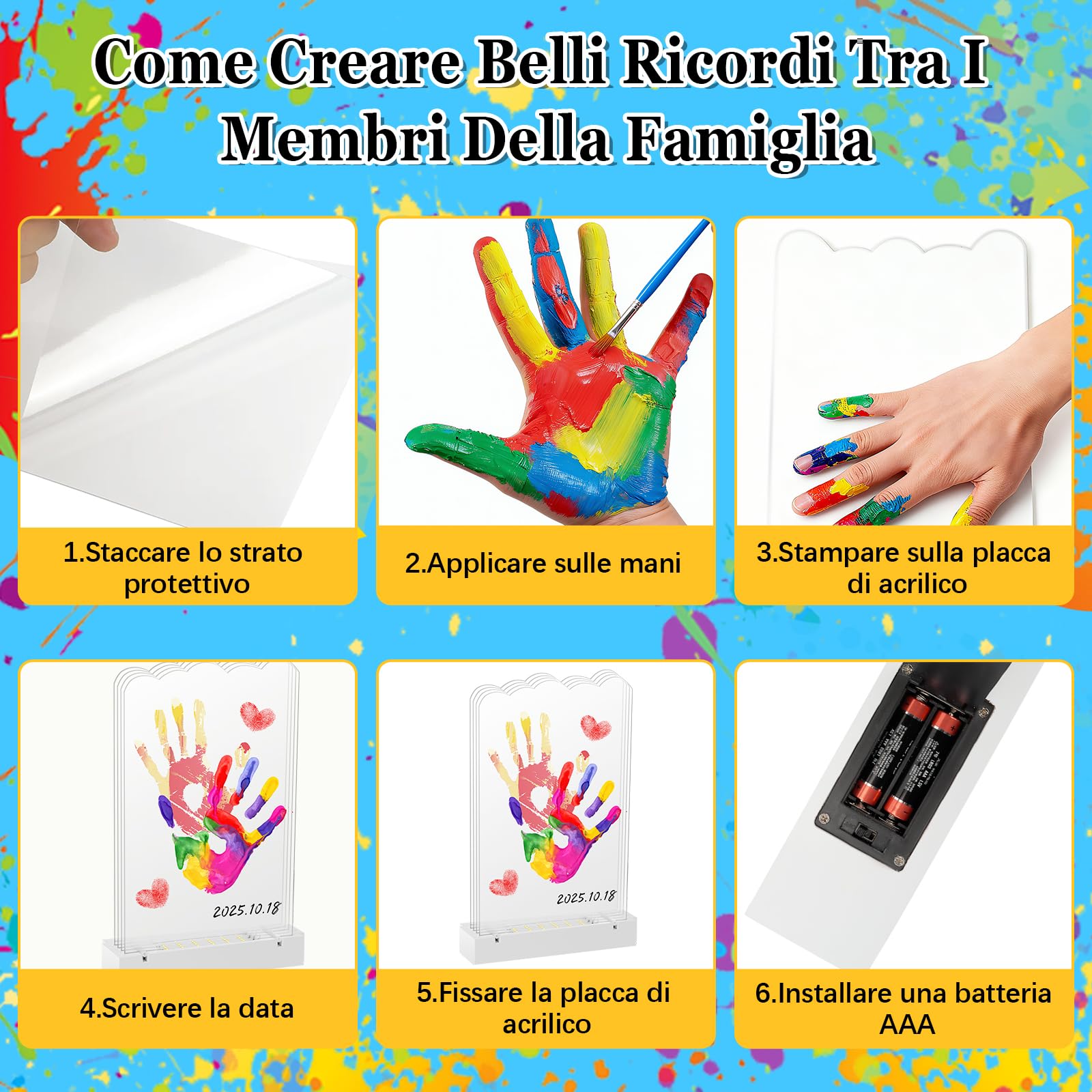 Herefun Kit Impronta Mani e Piedi Neonati per 4 Persone, Kit Impronte Mani Famiglia Con Base LED Illuminata, Neonati Ideale Regalo per Nascita, Nuovi Genitori, Battesimo Bimbo (A)