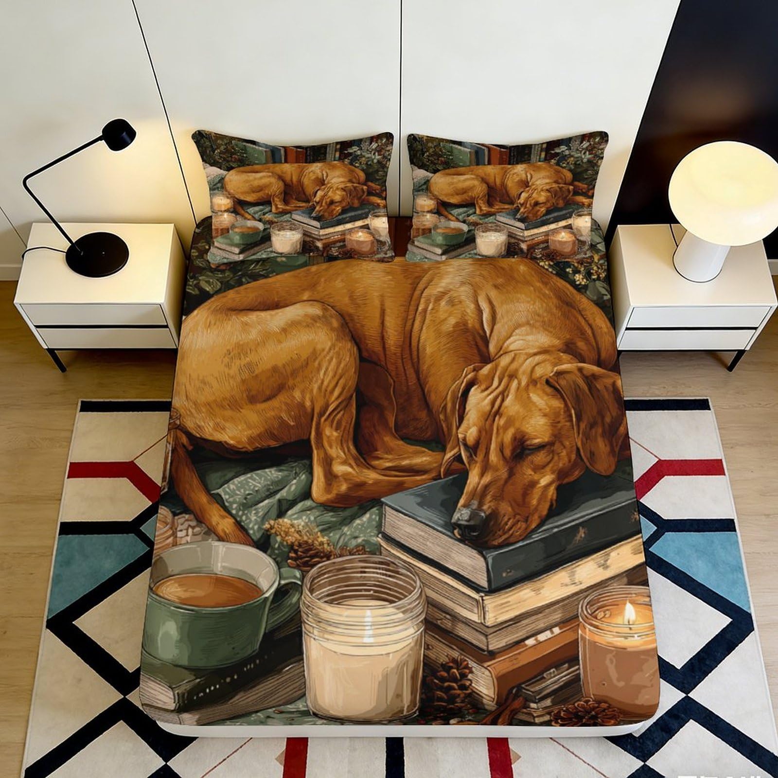 3D Printed Sleeping Dog Fitted Sheet Microfiber Soft Cozy Books Candles Bed Cover for Bedroom Dorm Decor 90x200x25cm