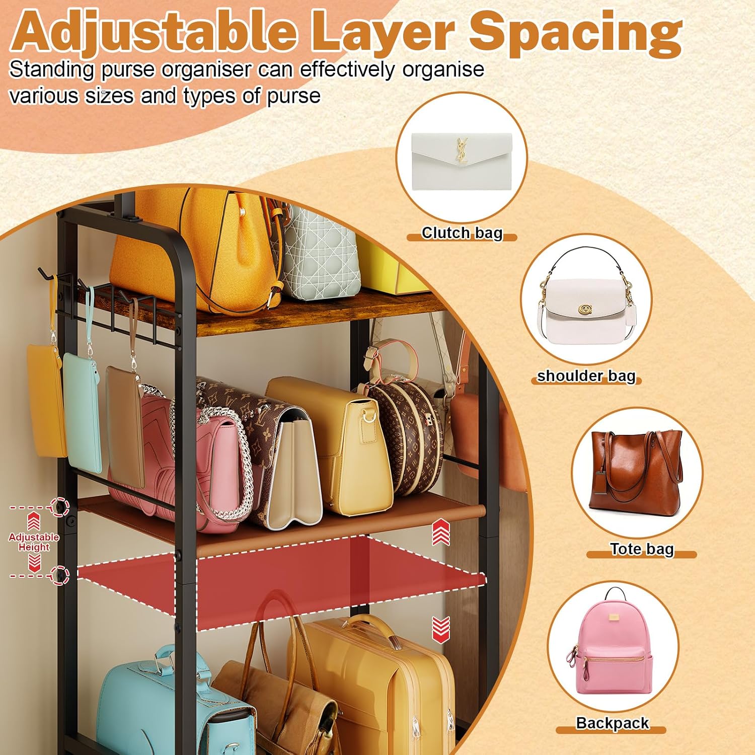 4-Tier Purse Organizer for Closet with 5 Purse Hanger, Tall & Vintage Purse Rack Stand for Purse Storage with 6 Side Hooks, Adjustable Handbag Organizer, Purse Storage Organizer for Small Place