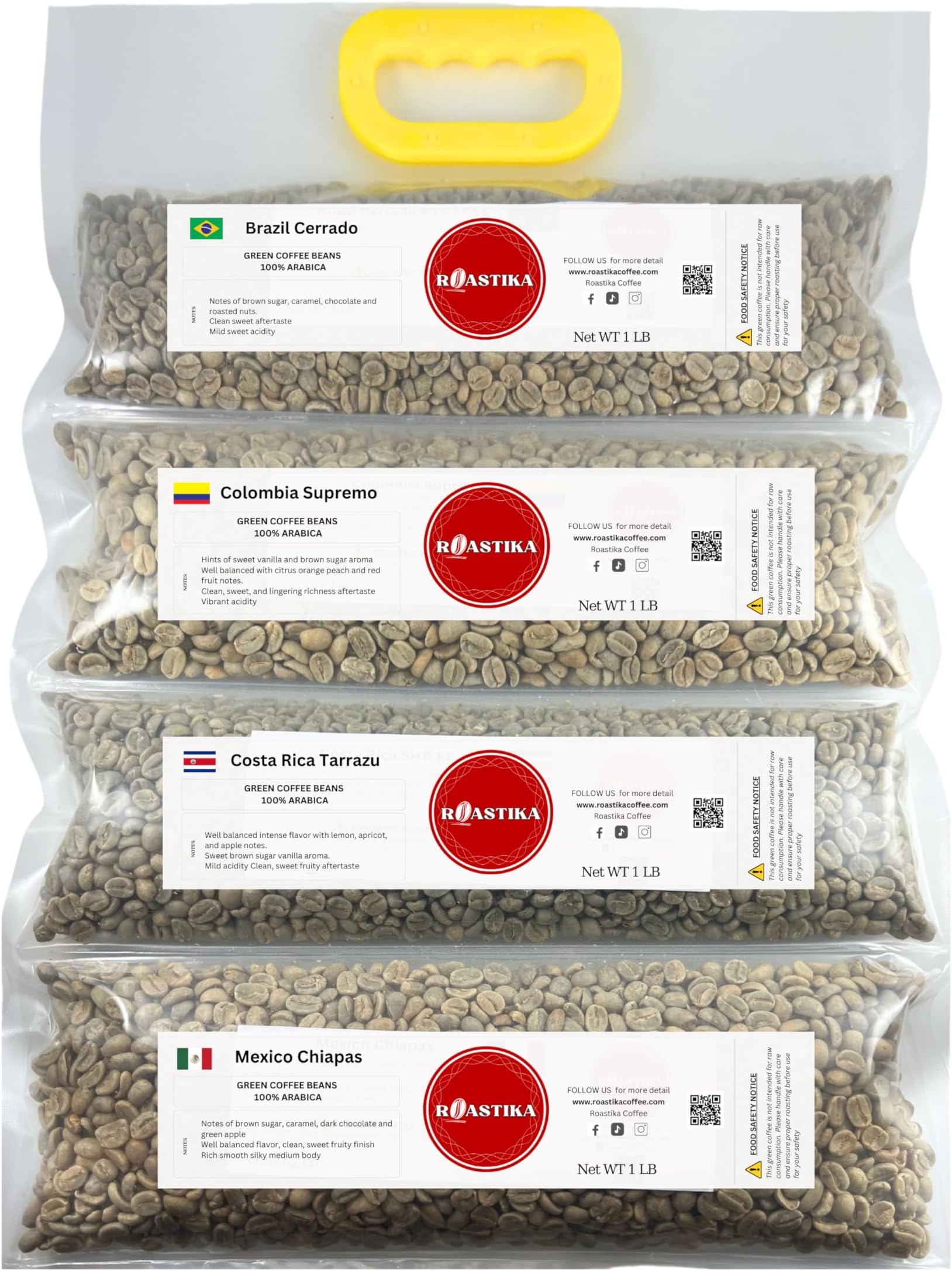 Roastika - Bundle 1 - Unroasted Coffee Bean - 4lb (pack of 4) - Sampler Pack - (BRAZIL CERRADO/COLOMBIA SUPREMO/COSTA RICA/MEXICO CHIAPAS HG EP) - Green Coffee Bean