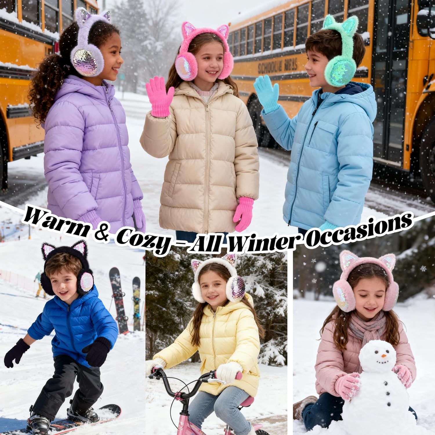 Cute Cat Earmuffs with Gloves, Adjustable Girl Boy Ear Warmer, Sequins Ear Covers, Kid Ear Protection, Warm Ear Muffs - Image 6