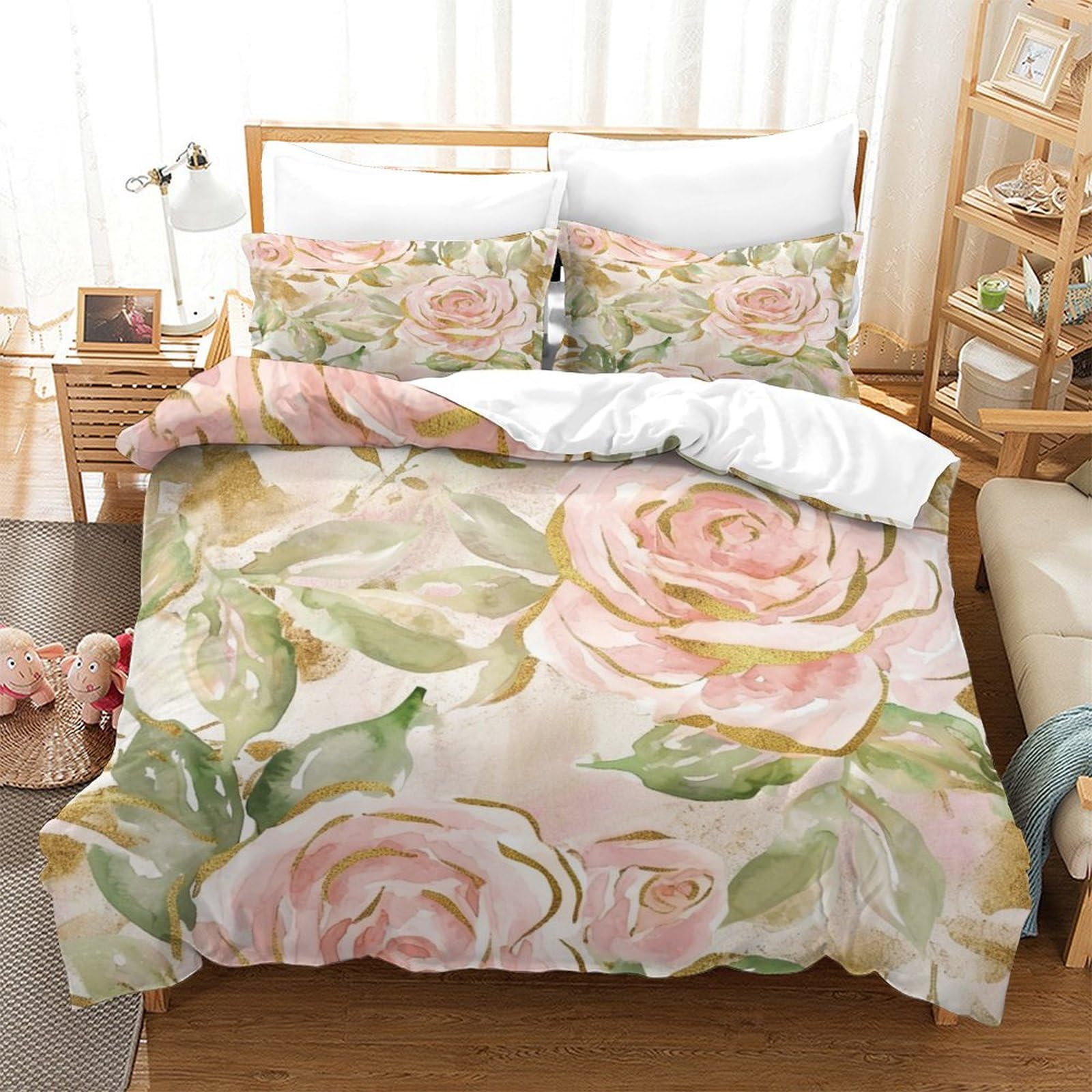 P1S9U7W5Y Elegant Floral 3D Printed Rose Duvet Cover Set 3pcs Microfiber Botanical Bedding Set Super king（260x220cm）