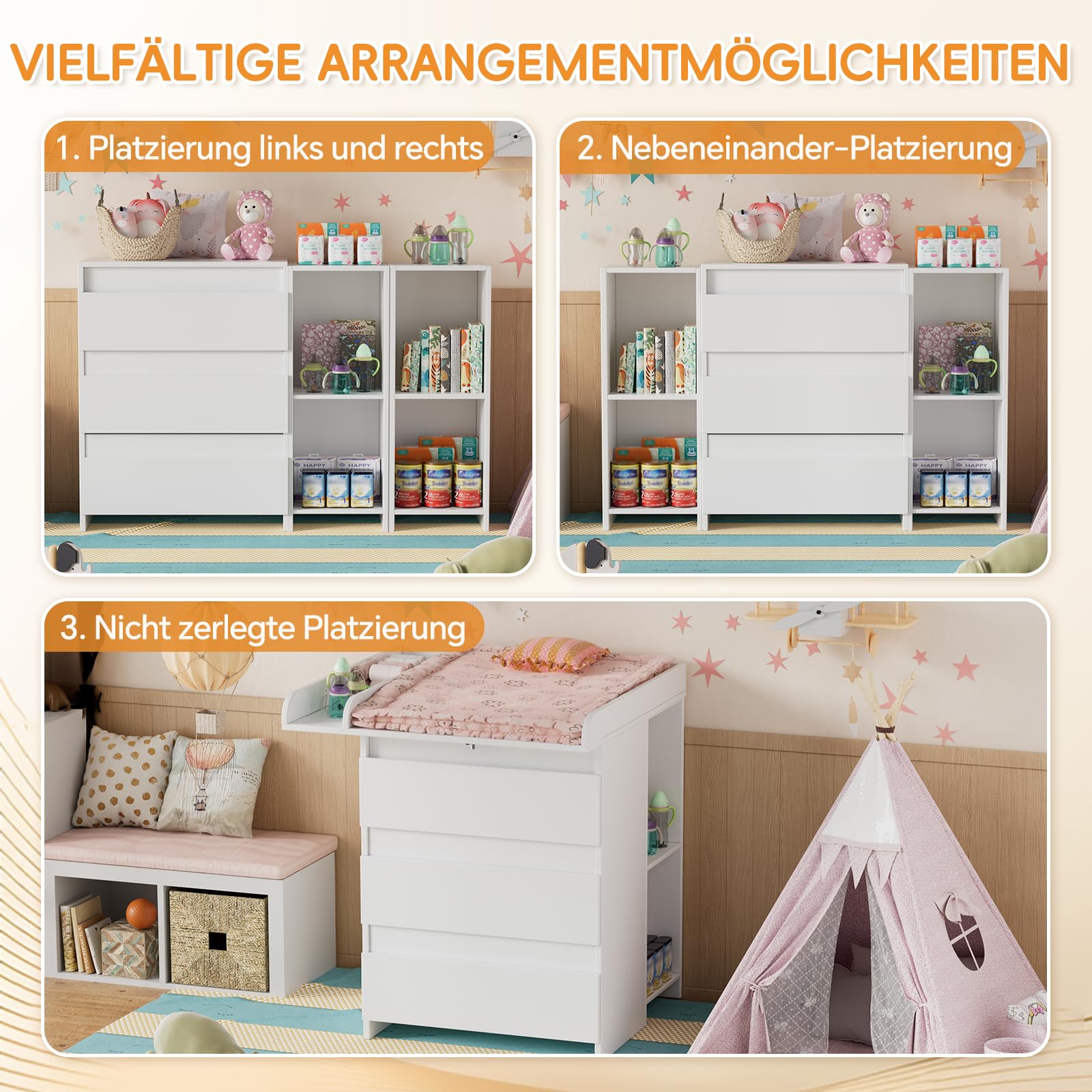 2-in-1 Wickelkommode mit abnehmbarem Wickelaufsatz,Baby Wickeltisch Weiß, Kommode mit 3 Schubladen & 6 Seitlichen Regalen, Viel Stauraum für Babyzimmer,73x70x85.8.6cm,Weiß