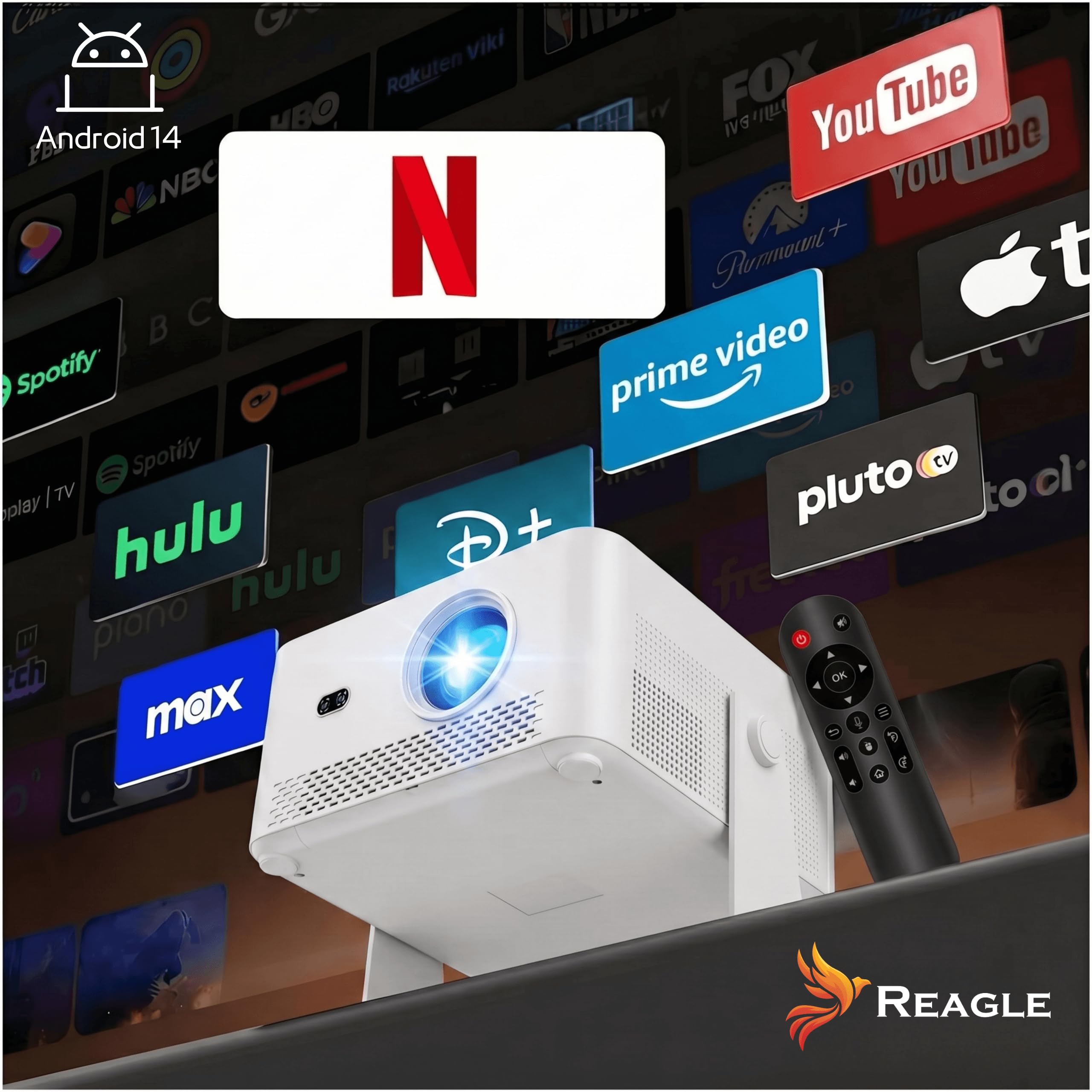 Reagle R-MOVIELUM-P60 Proiettore Smart Android 14 Full HD 1080p 4K Upscaling 1100 ANSI LED 140 Pollici WiFi 6 Bluetooth 5.4 Autofocus Keystone HDMI USB 180° Home Cinema