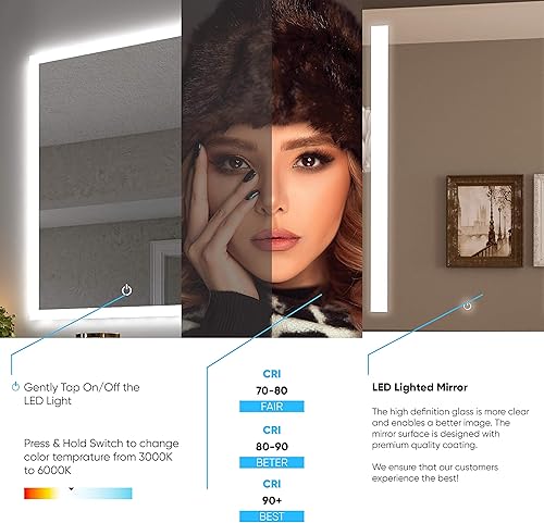 Miniatura 5 de LEDMyplace - Espejo retroiluminado frontal de 36 x 36 pulgadas para baño con marco plateado, botón táctil antivaho ajustable, temperatura de color y