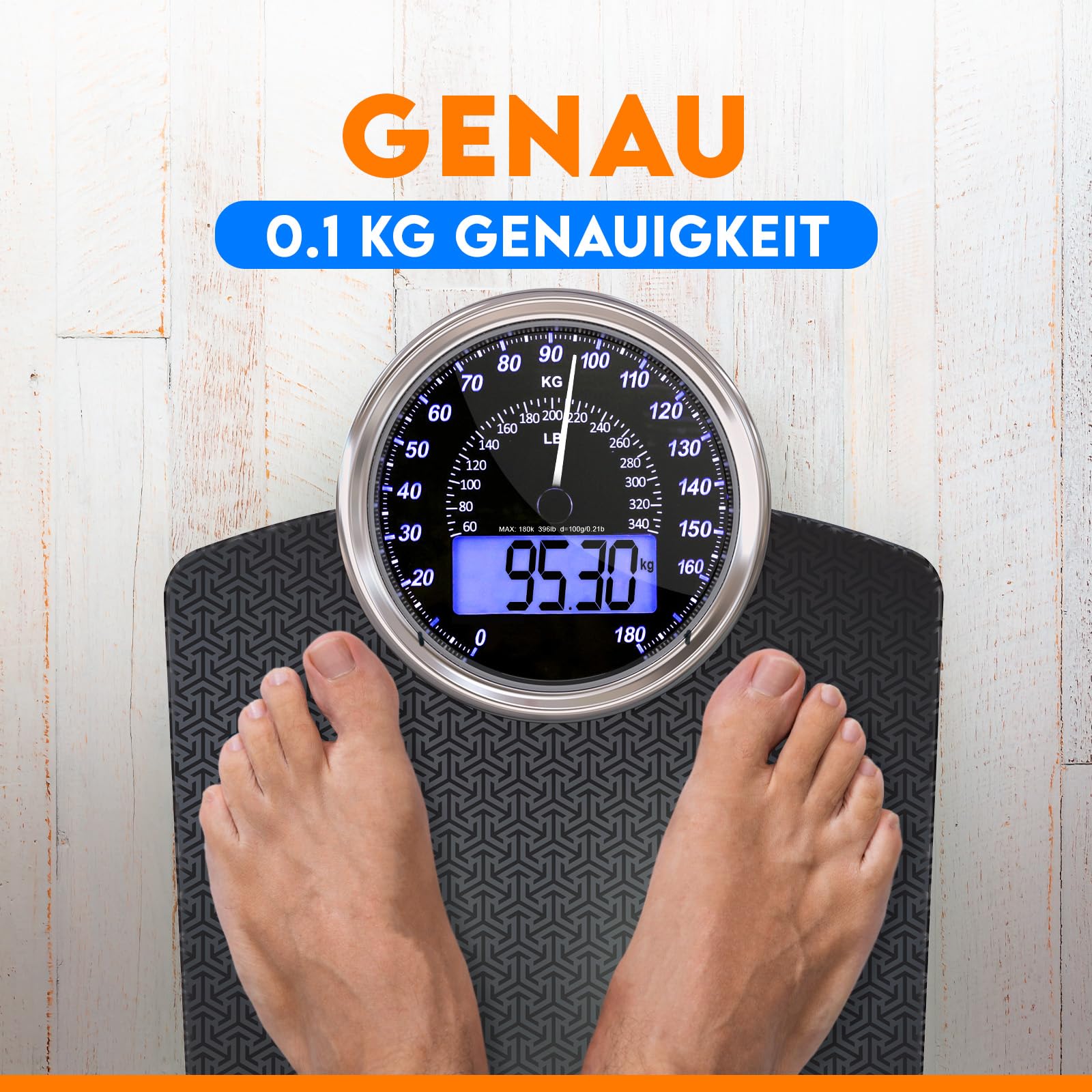 Hybrid 2-in-1 Digitale und Analoge Körperwaage bis 180 kg | Präzise GX-Sensoren auf extra breiter Plattform aus gehärtetem Glas, Schwarz Nova