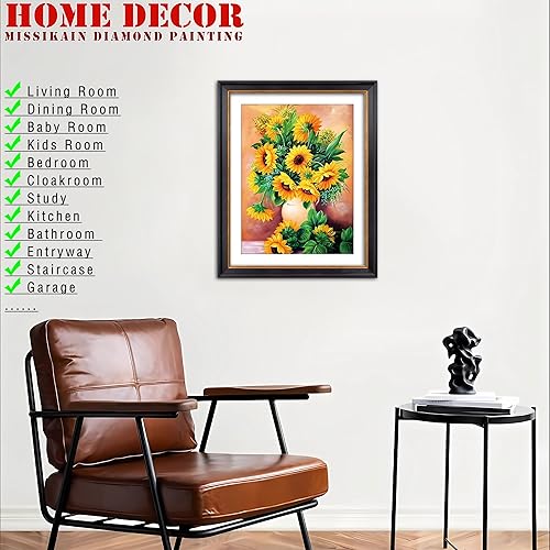 Miniatura 3 de MISSIKAIN Kits de pintura artística de diamantes para adultos y principiantes, pinturas de diamantes con flores de girasol 5D para decoración del