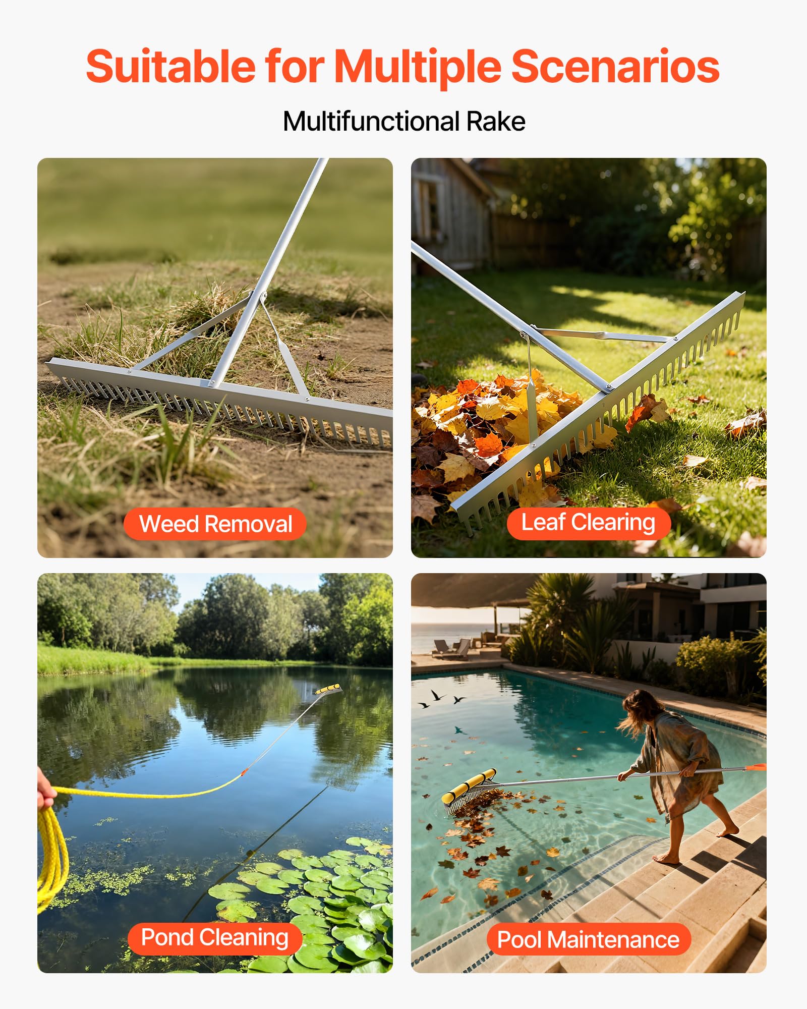 VEVOR Râteau à Feuilles, Tête 914 mm, Râteau à Mauvaises Herbes Aquatiques, Manche 338 cm, Corde 15,8 m, Outil Aluminium pour Nettoyage Feuilles, Débris de Bassin Piscine, Mauvaises Herbes Flottantes