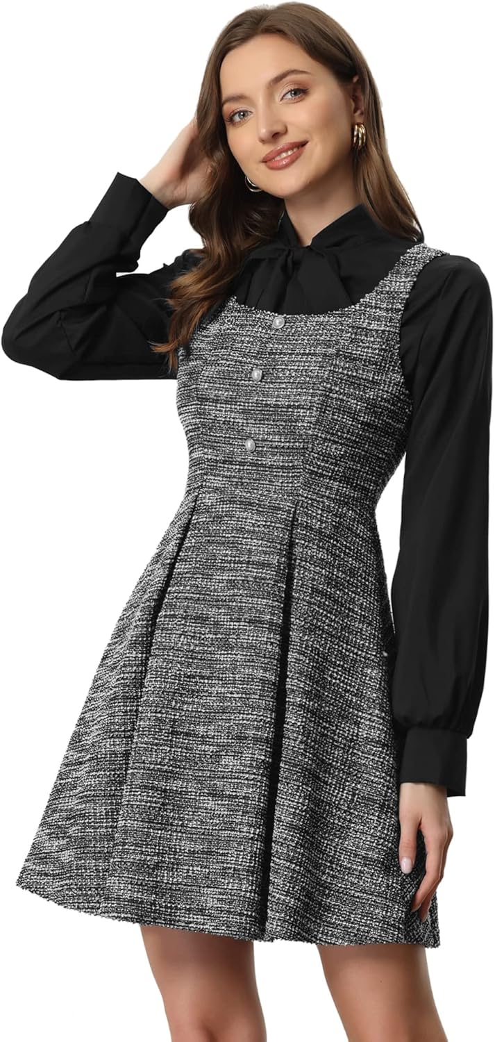 Allegra K Tweed Dress for Women's Pinafore Overall Sleeveless A-Line Plaid Tank Dresses