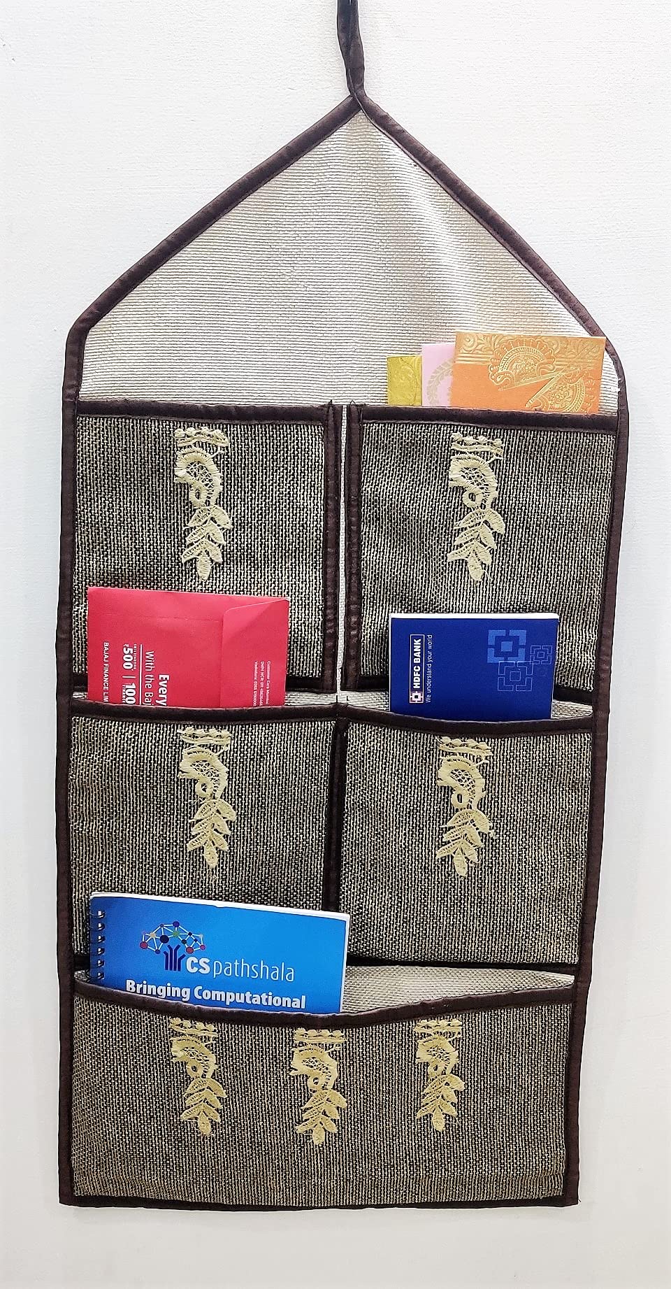 Groki Jute & Cotton Multiuse Wall Hanging Storage 5 Pockets Organizer Letter Magazine Holder for Home Office - Brown-image-34