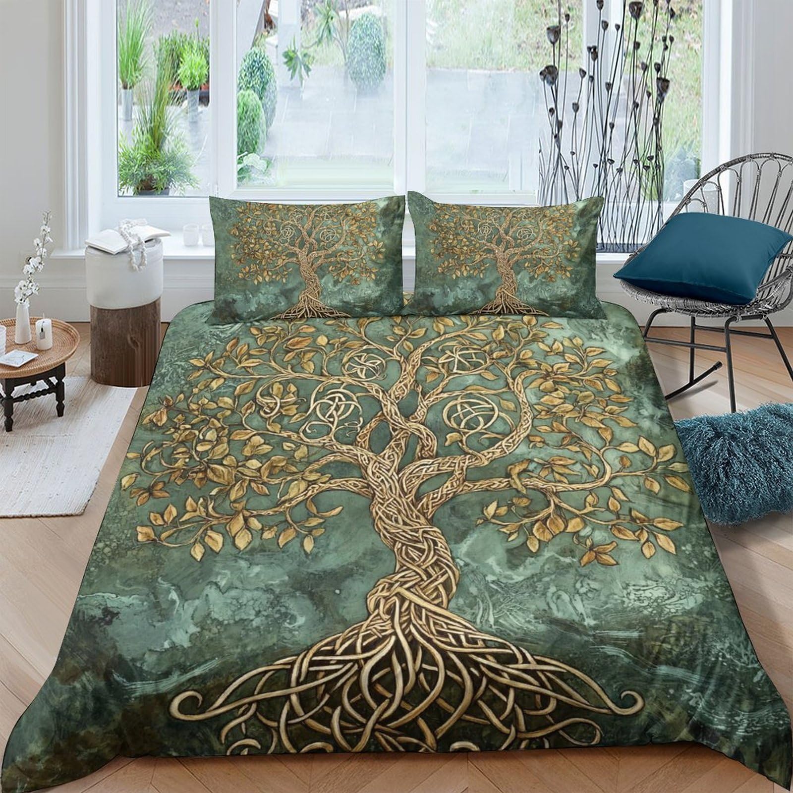Ctjqhvkz Style-8 3D Printed Tree Of Life Fitted Sheet Microfiber Soft Green Gold Roots Bed Cover For Bedroom Dorm Mattress Decor Single（135X200cm）