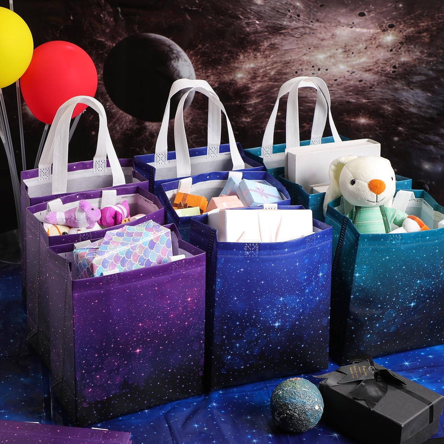 24 Pcs Galaxy Party Favor Gift Bags Starry Sky Goodie Space Star Reusable Bags Non Woven Starry Night Candy Treat Totes Graduation Gift Bag Birthday Party Decorations, 8 x 4 x 10 Inch