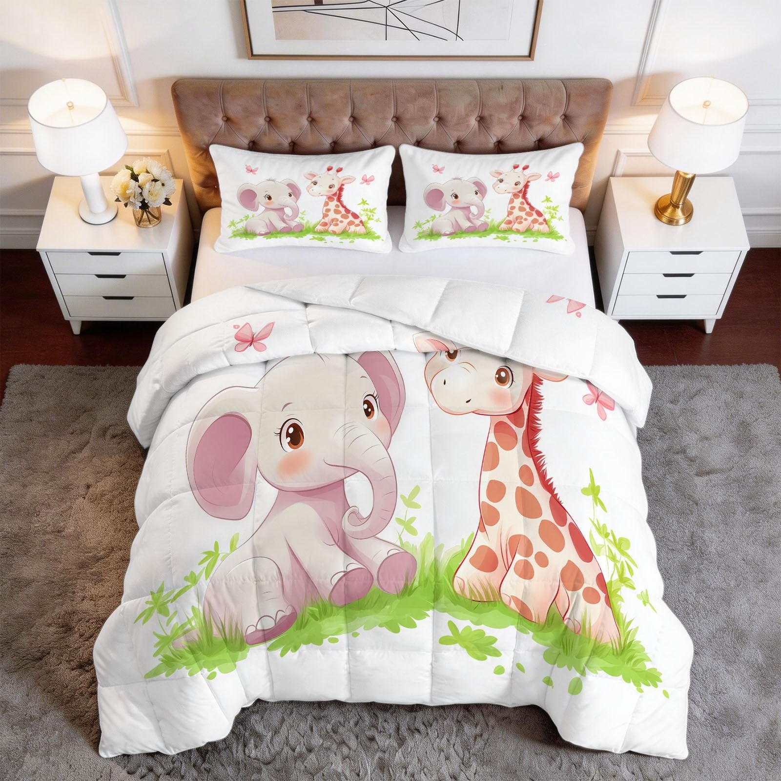 Genérico Edredón Nórdico 150 x 220 cm Elefante Jirafa Diseño, Relleno de Ecopiuma 400g/m² – Confort Térmico 4 Estaciones, Antialérgico – Set 3 Piezas Niños y Niñas, Beige
