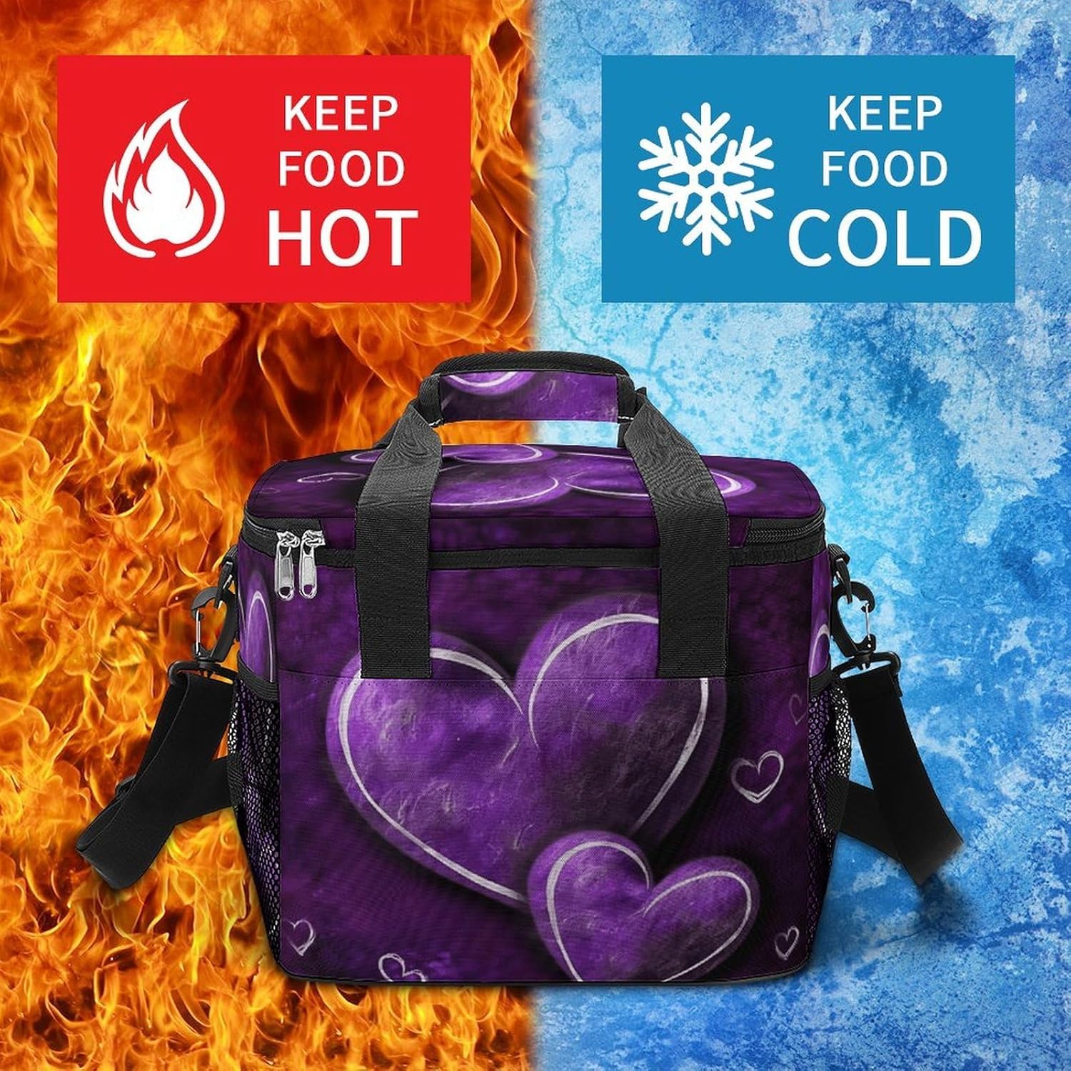 Purple Hearts Cooler Bags Portable Soft Cooler Bag Lightweight Ice Chest Insulated Lunch Bags Camping Cooler Bag Cooler Lunch Tote Coolers for Picnic Travel Beach