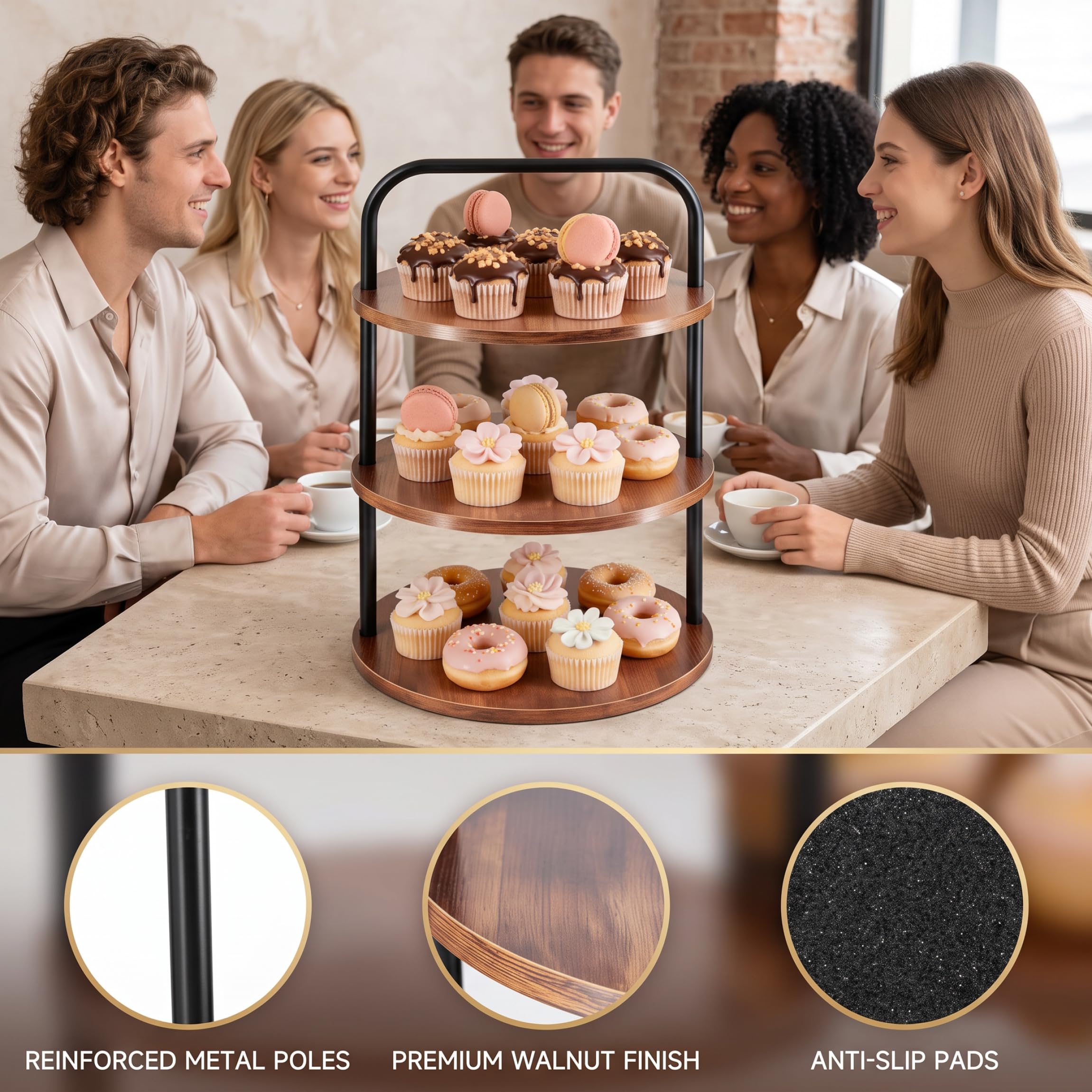 Soporte de Madera para Magdalenas, Torre de Postre de Gran Capacidad de 3 Niveles, Color Negro