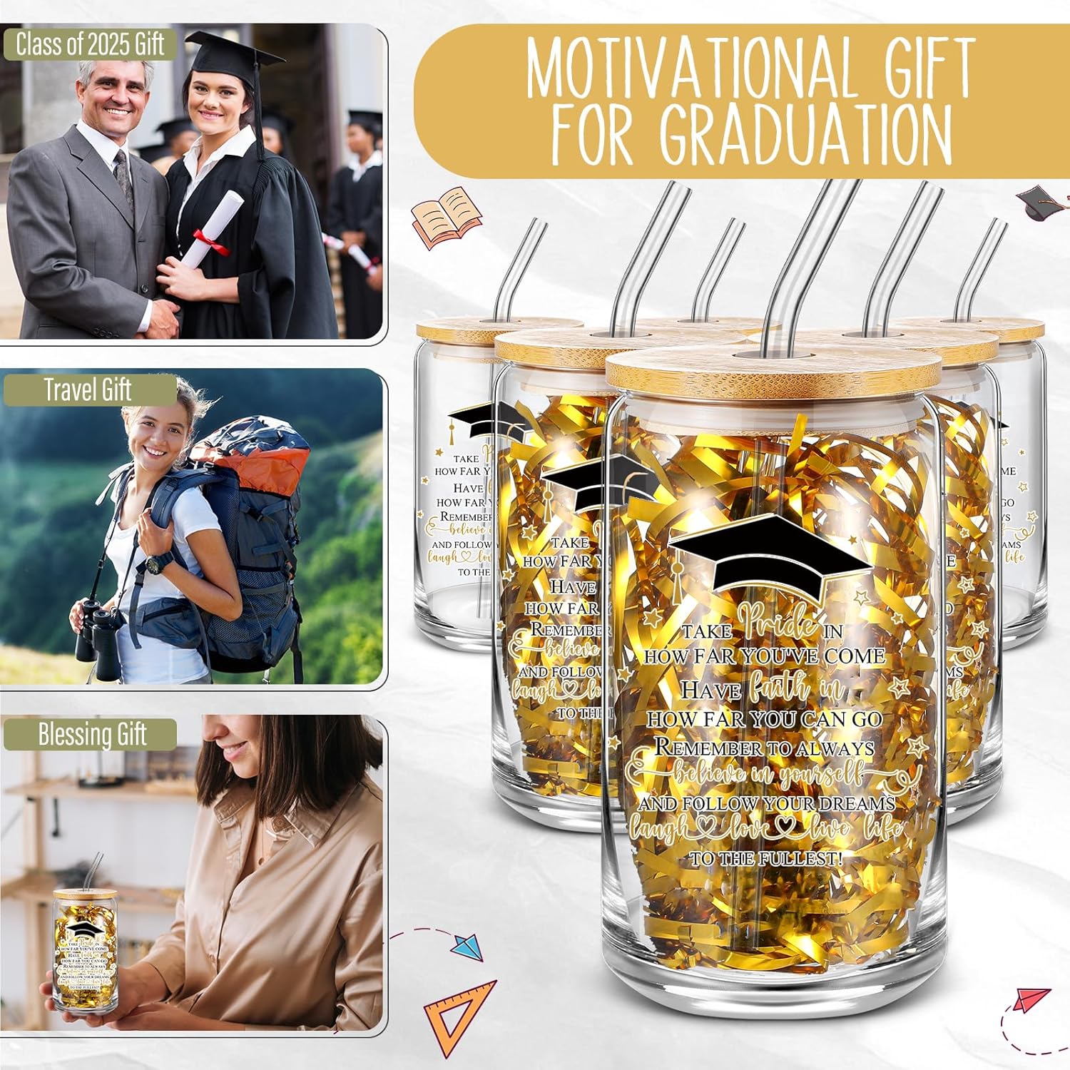 24 Pcs Graduation Gifts Glass Cup Class of 2026 Bulk 16 oz Drinking Cup with Lid and Straw College Her Him Graduate Gift Coffee Cup for Teen High School Grad Party Favor (Gold)