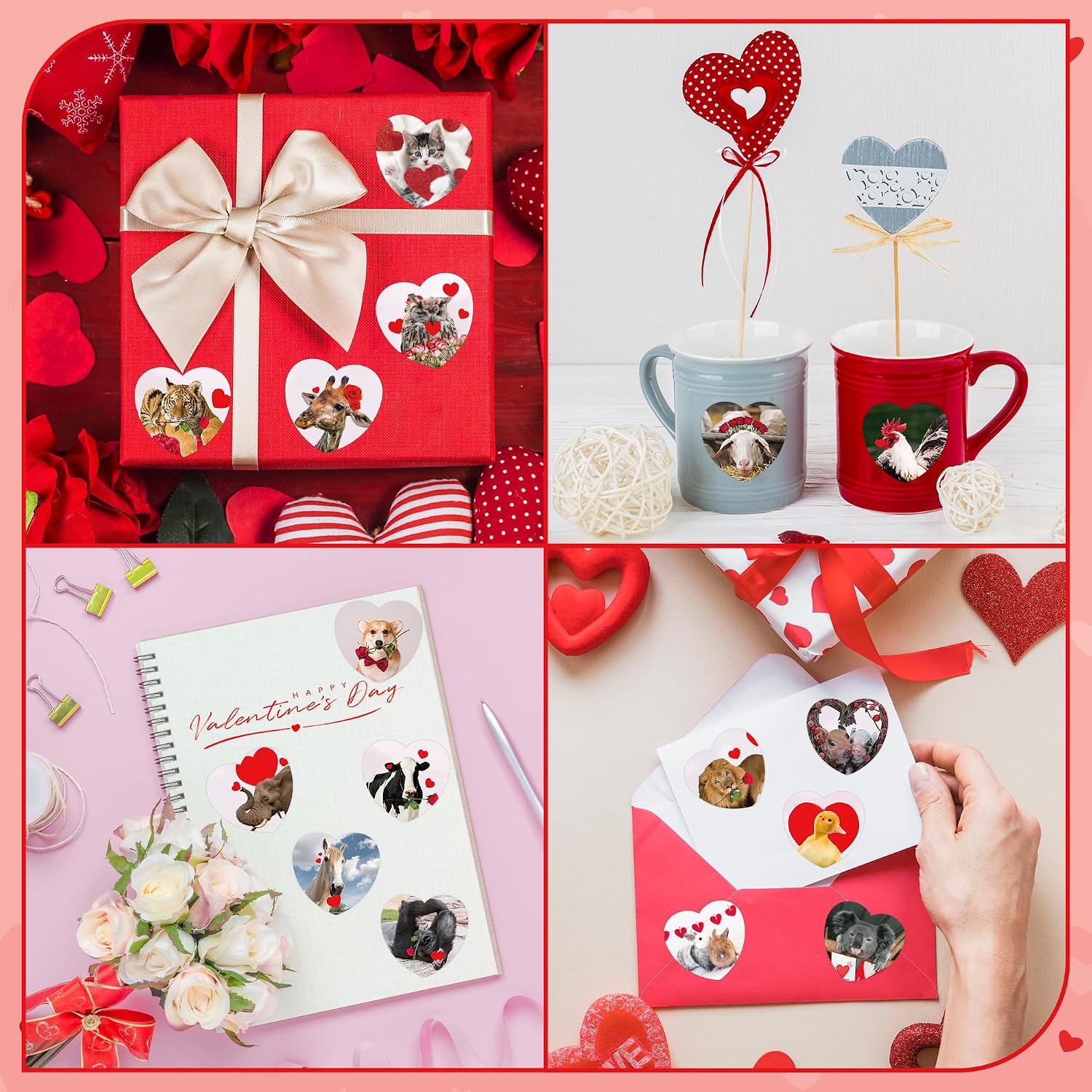 BeYumi 1000Pcs Valentine's Day Realistic Animal Stickers in 2 Rolls for Kids Valentine Animal Heart Decals Waterproof Vinyl Labels for Greeting Card Envelope Scrapbooking Party Decor Gift Girls Teens