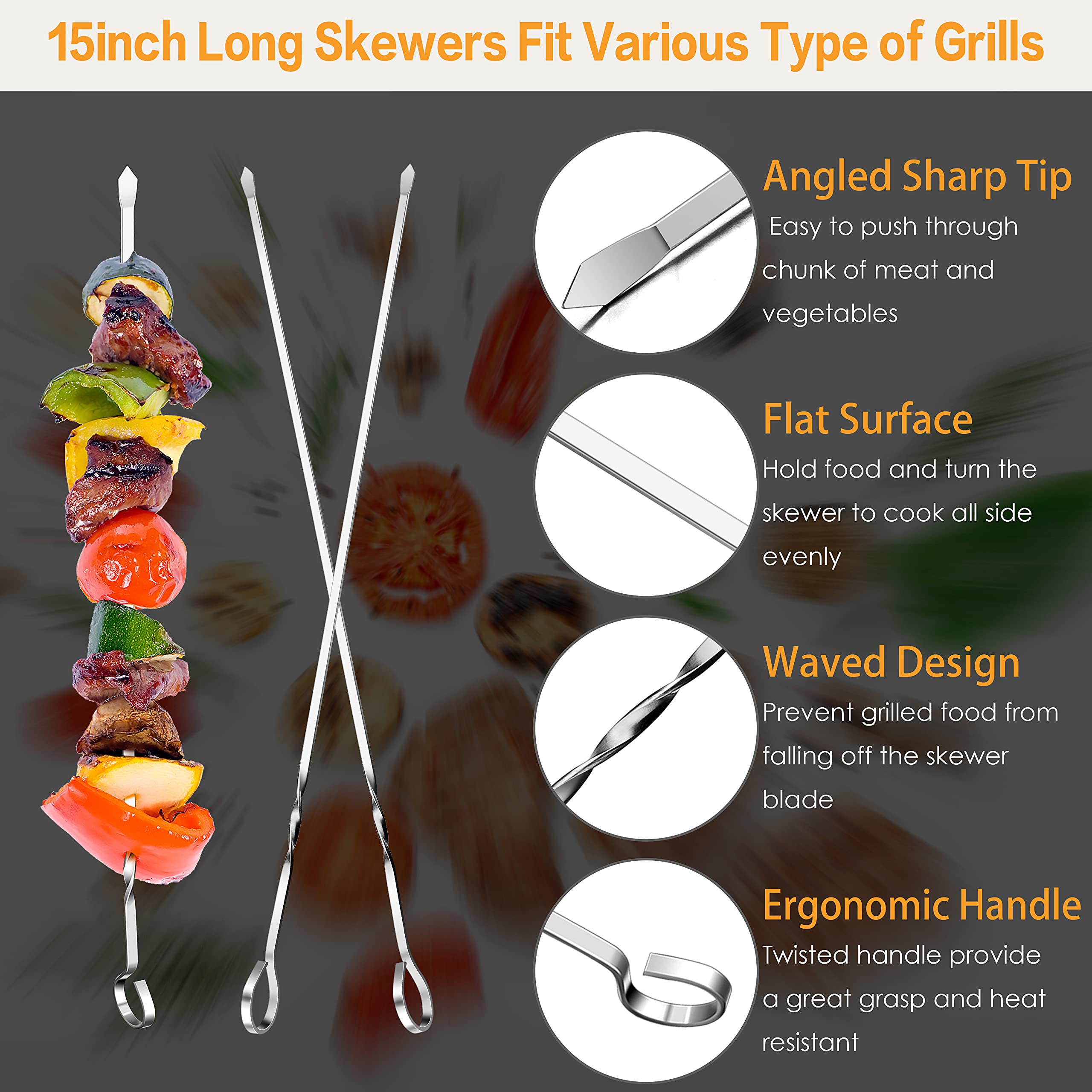 16,5 Tum/42 Cm Platta Kebabspett Grillspett I Rostfritt Stu00e5l Med Tru00e4handtag Platta BBQ-spett I
