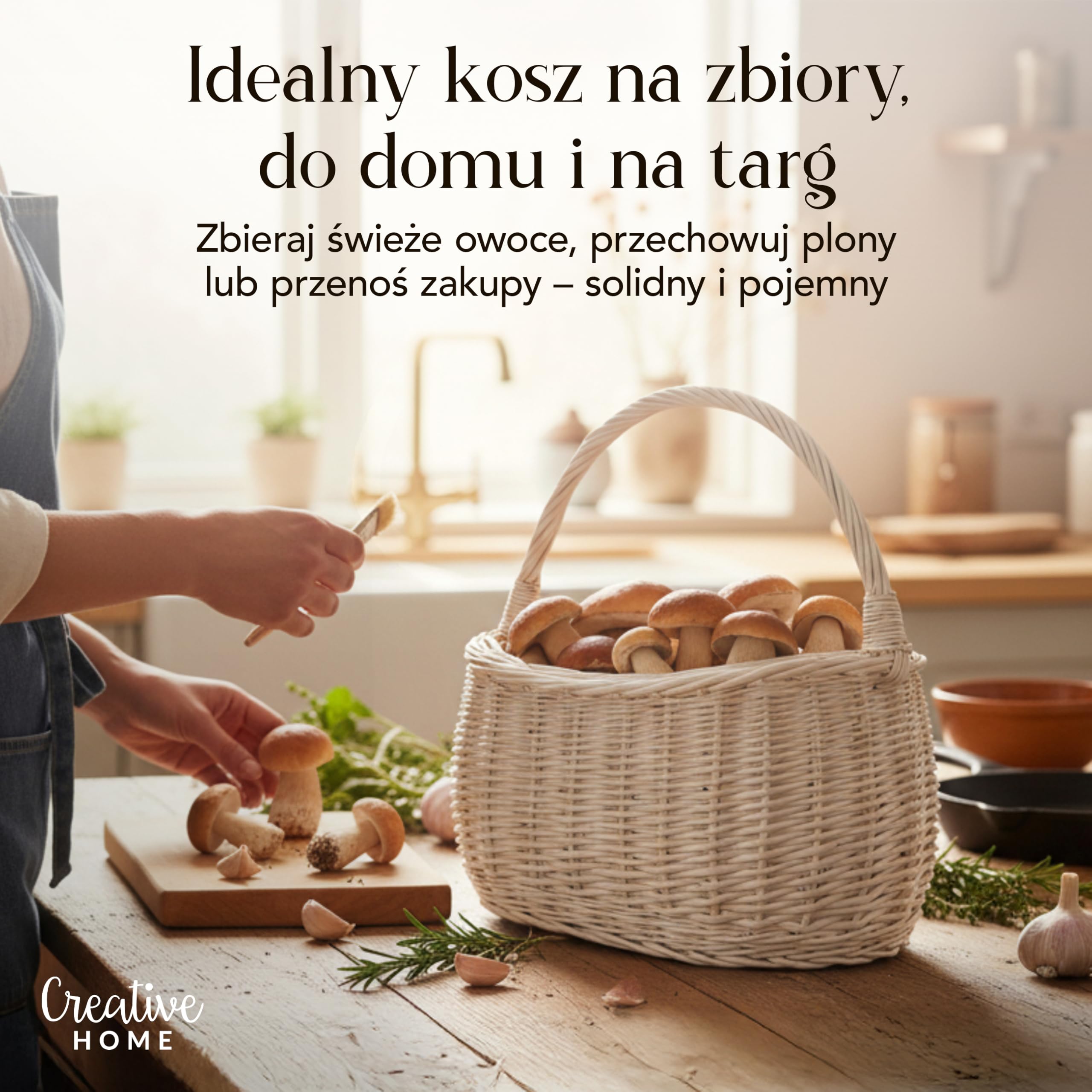 Creative Home Kosz Wiklinowy Piknikowy z Rączką na Zakupy Biały 42x32x40cm | (+/-1cm) | Duży i Lekki | Ręcznie Wyplatany | Naturalny Brąz | Uniwersalny i Wytrzymały