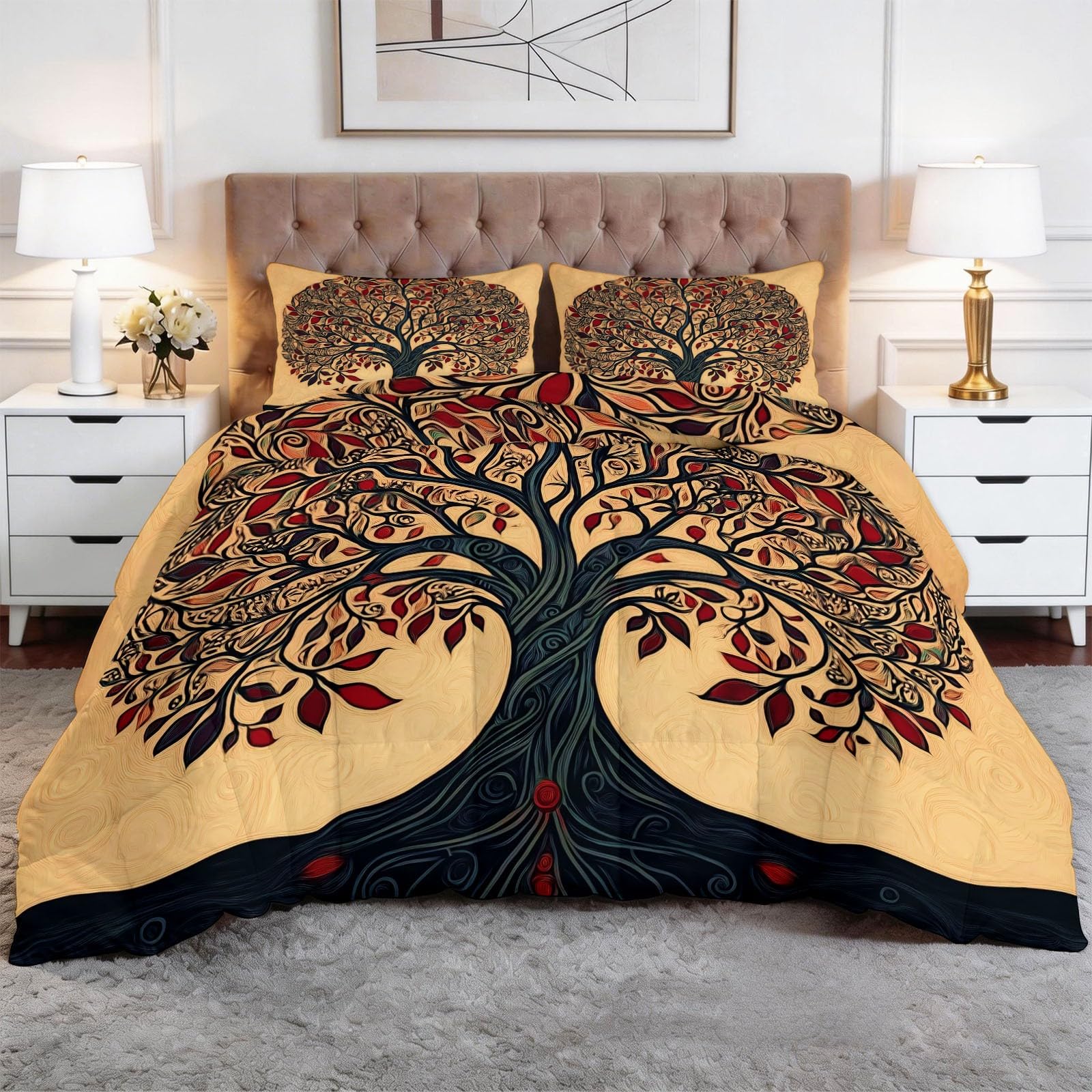 Trapunta Stampa 240 x 260 cm Silhouette Albero Della Vita Mandala Completo copripiumino Matrimoniale/Singolo in Microfibra Morbida – Traspirante, Anallergica & Lavabile – Trapuntatura a Rombi, Beige