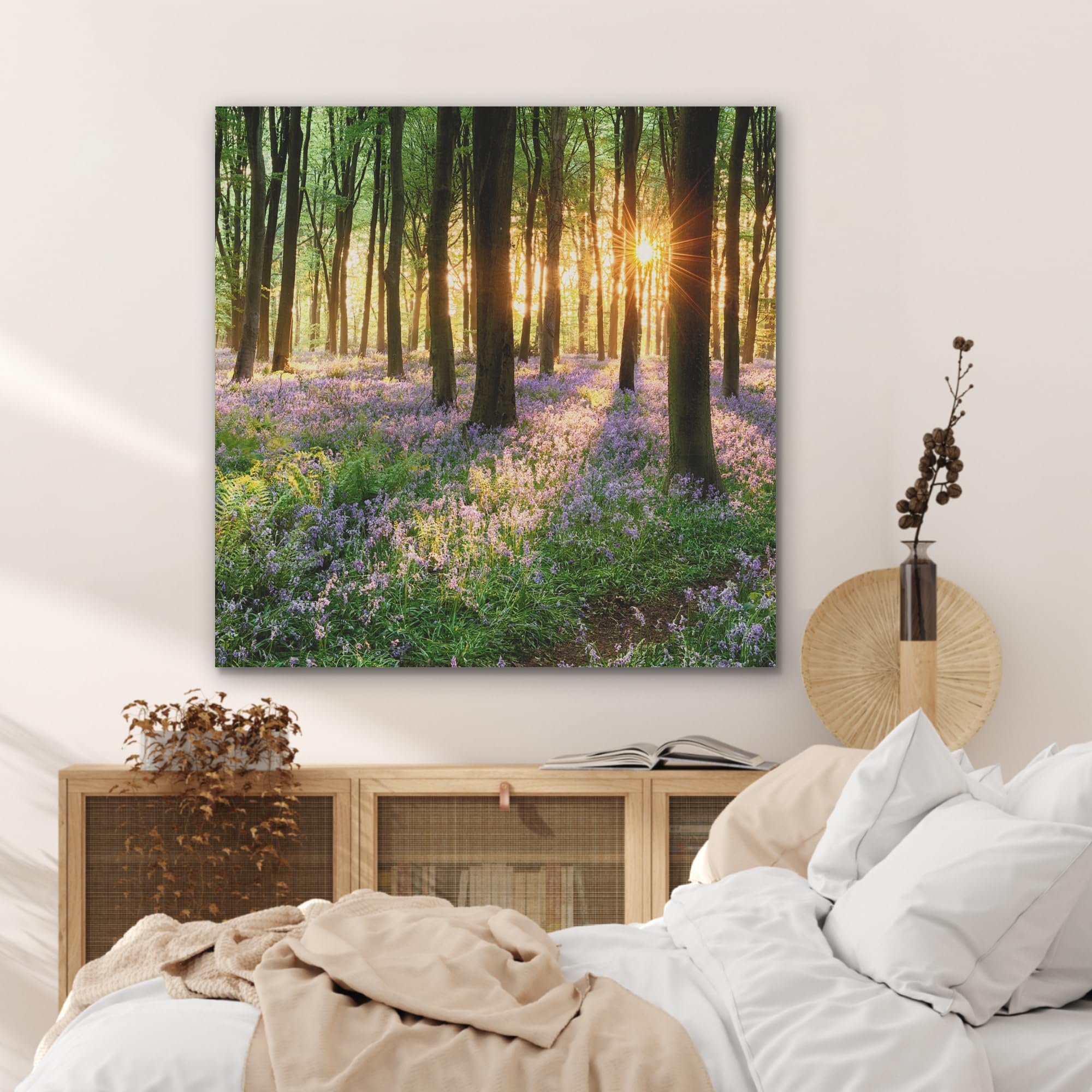 MuchoWow© Wandbilder aus Filz 90x90 cm Wohnzimmer Wanddeko Schlafzimmer Zimmerdeko Wandgemälde Zimmer Deko für die Wand Dekoration Wall Art Wald - Blumen - Lavendel - Sonne - Lila - Natur