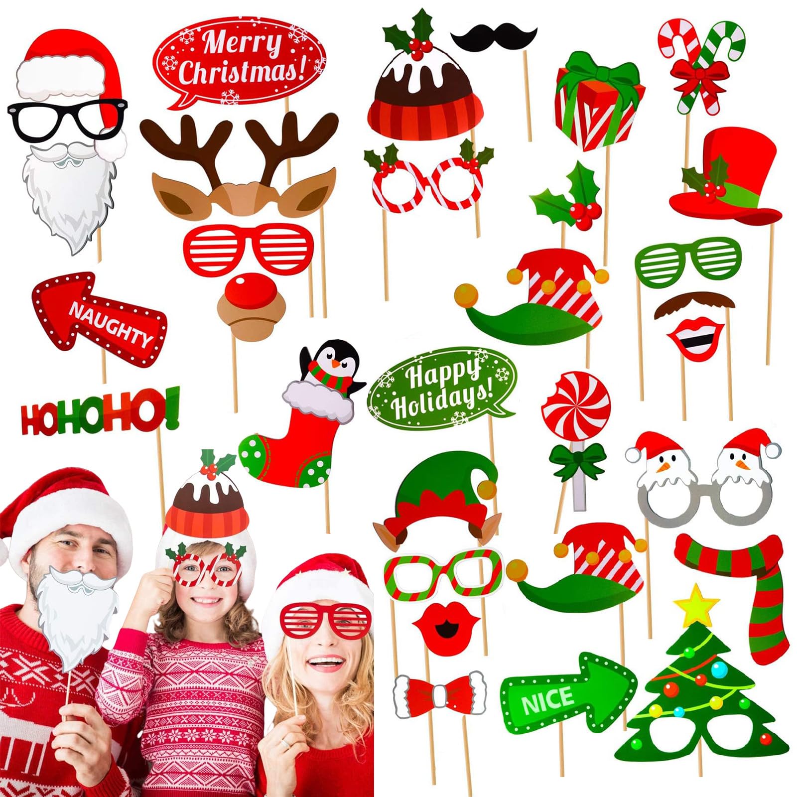 Christmas Photo Booth with 32P Photo Booth Props Selfie Picture Frame for Christmas Family Party,Winter Paper Props Fancy Eyeglasses for Congrats Xmas Party Game Accessories Supply — image 1