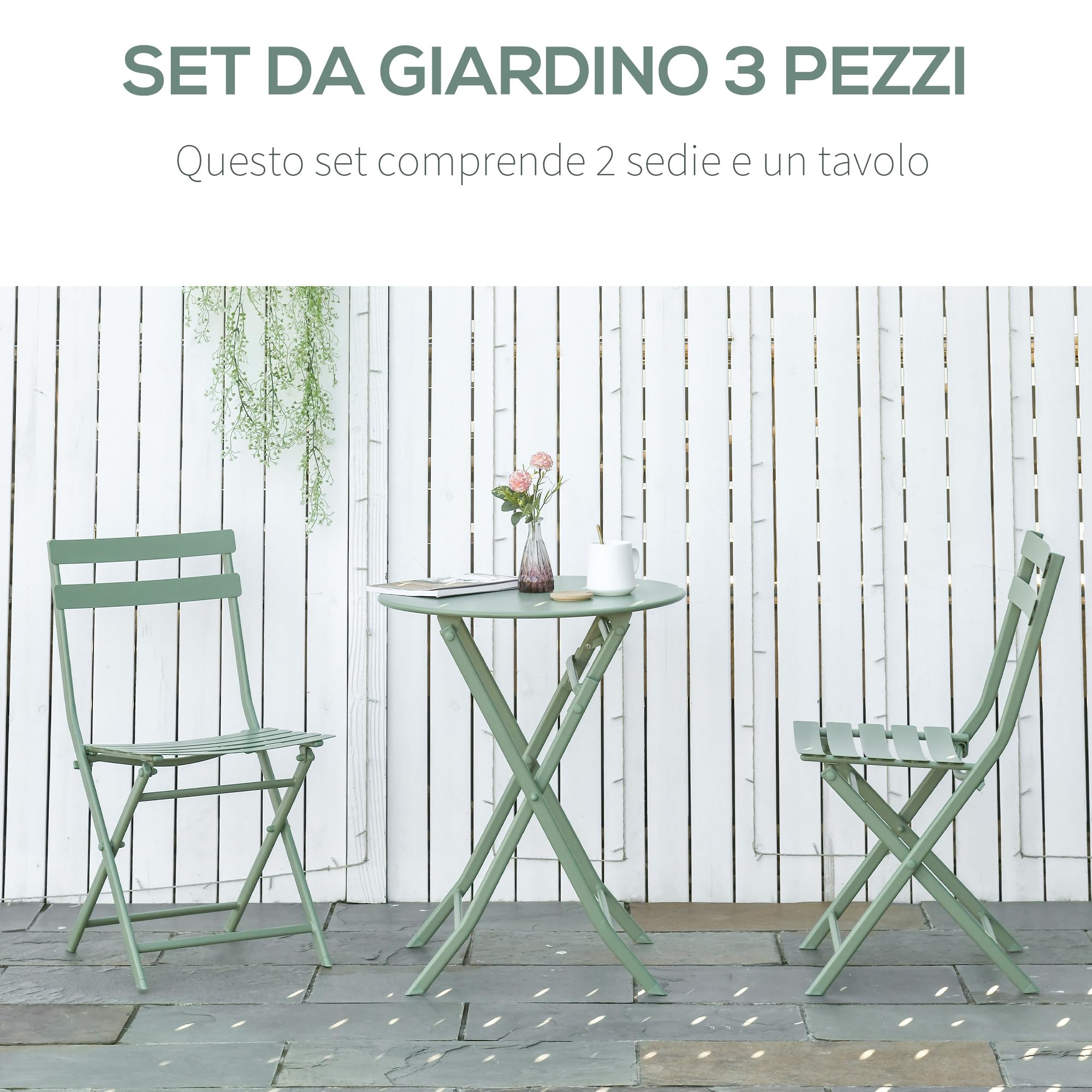 Outsunny Tavolino con Sedie da Giardino Pieghevoli in Acciaio Verde, Set 3 Pz per Balcone, Terrazzo, Esterno