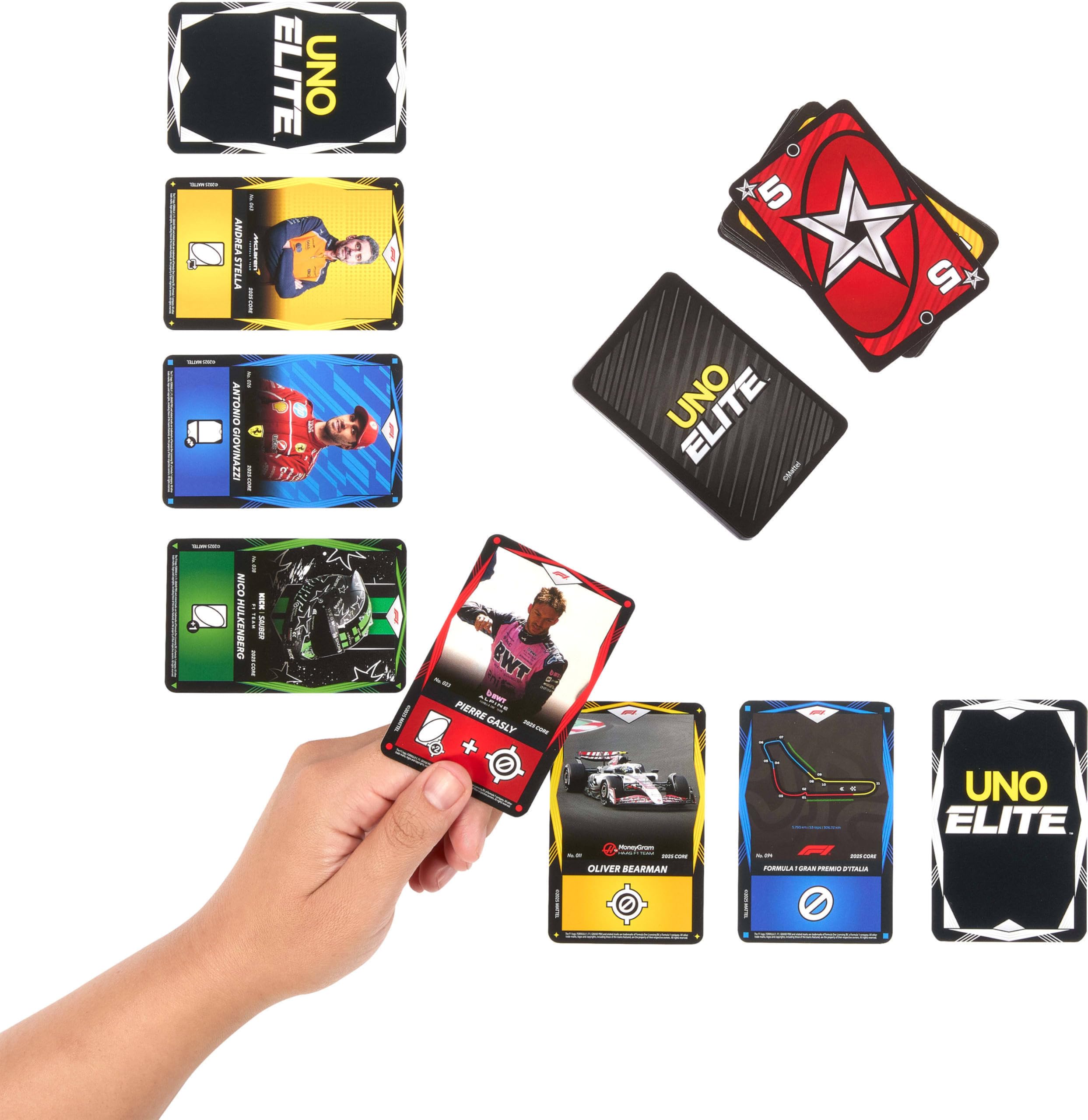 Mattel UNO Elite Formuła 1 2025 Edycja podstawowa Starter Pack Zestaw startowy; gra karciana, 4 Booster Packi i 2 karty Promo, towarzyska i rodzinna gra dla fanów i dzieci 7+, JLV42
