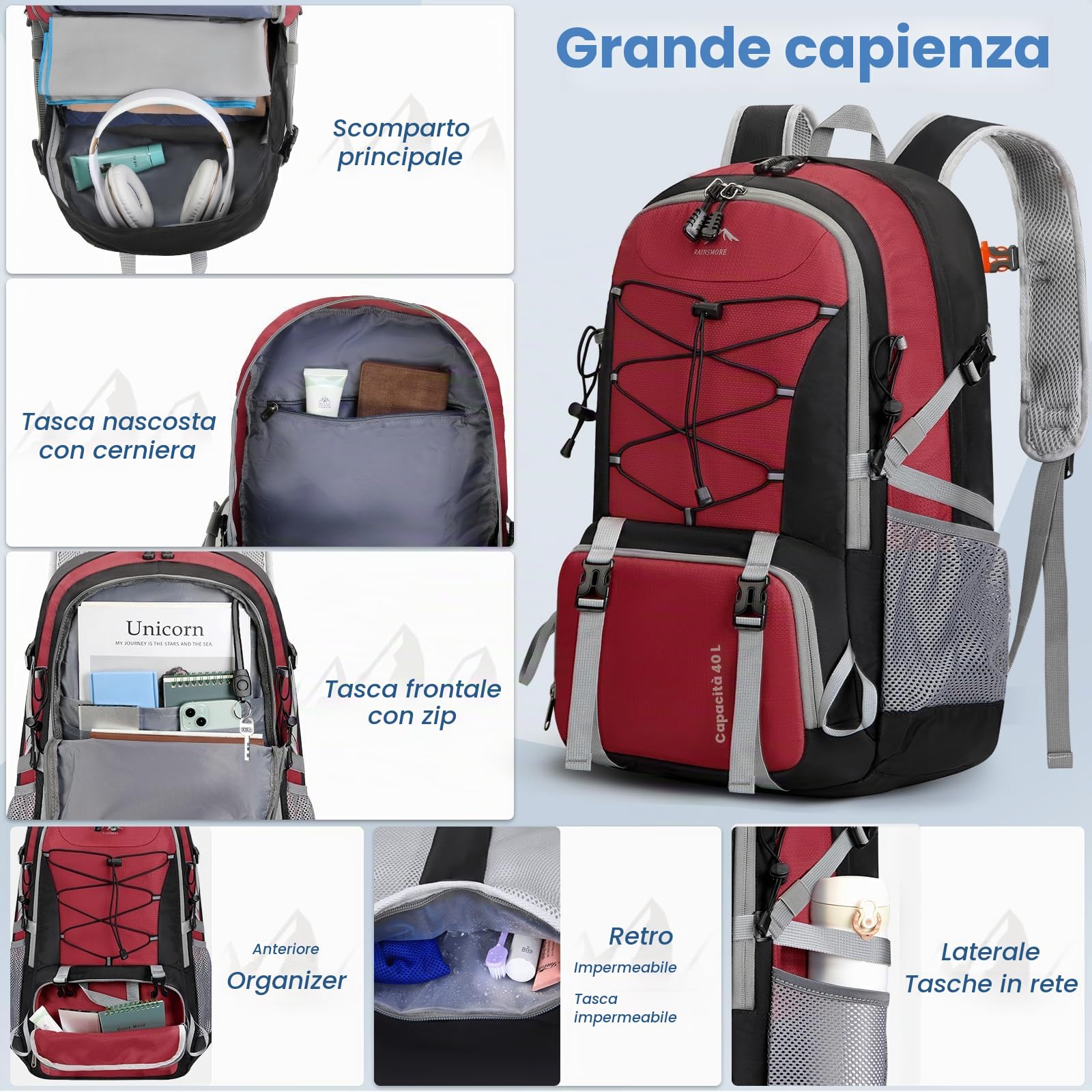 RAINSMORE Zaino Trekking 40 Litri Zaino Pieghevole Impermeabile Zaino Montagna Zaino da Viaggio Uomo e Donna Zaino Escursione per Hiking Campeggio Rosa