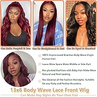 Vista 5 de 99J - Pelucas de cabello humano con encaje frontal transparente HD de 13 x 6 pulgadas, color burdeos, para mujer, densidad del 180%, color rojo