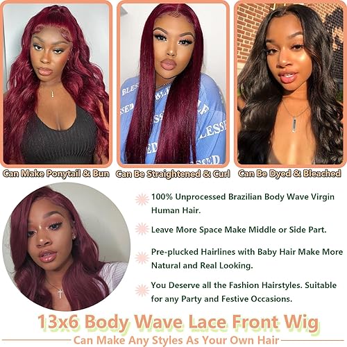 Miniatura 5 de 99J - Pelucas de cabello humano con encaje frontal transparente HD de 13 x 6 pulgadas, color burdeos, para mujer, densidad del 180%, color rojo