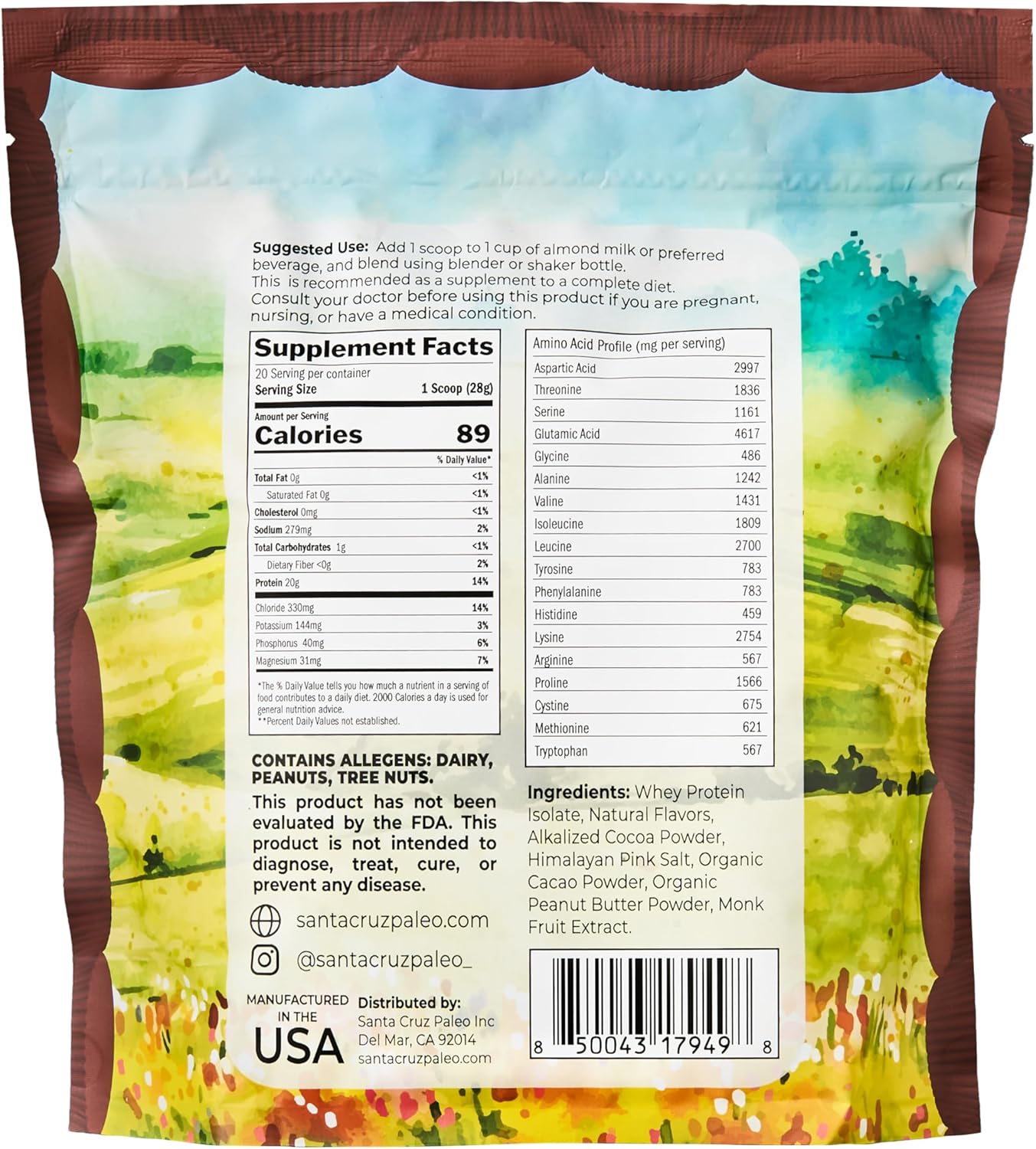 Santa Cruz Paleo Whey Protein Powder, Peanut Butter Cup, 20 G Grass Fed Whey Protein Isolate Per Serving, Gluten Free, Paleo & Keto Friendly, No Sugar Added, Protein Shake Mix, 20 Servings, 1.2 lb Bag