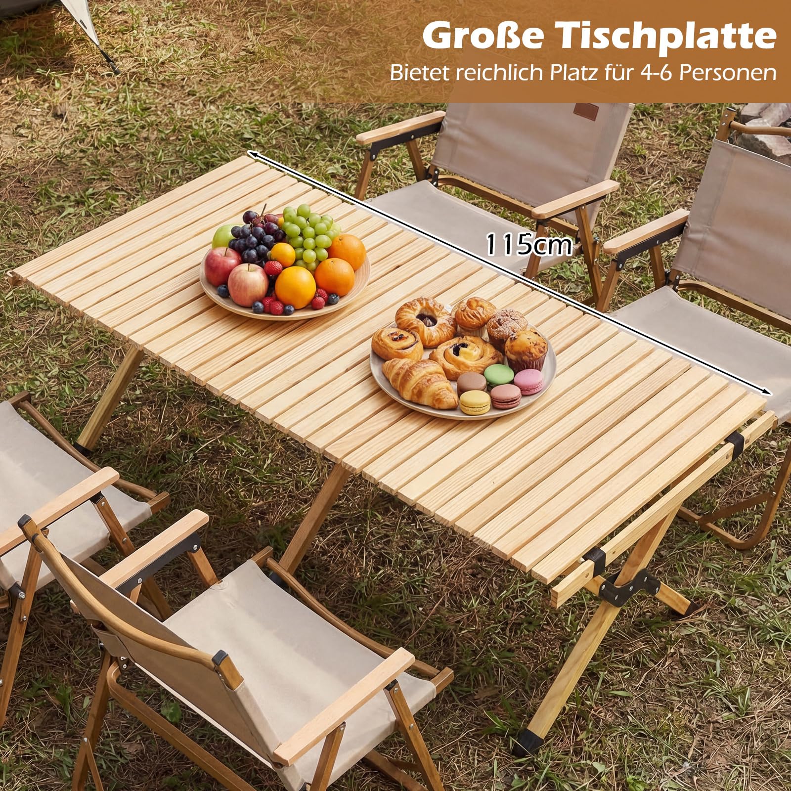 COSTWAY Campingtisch klappbar, Picknicktisch aus Holz mit aufrollbarer Tischplatte, Klapptisch für 4-6 Personen, inkl. Tragetasche, Reisetisch für Picknick, Garten & Balkon, 122 x 60 x 45 cm (Natur)