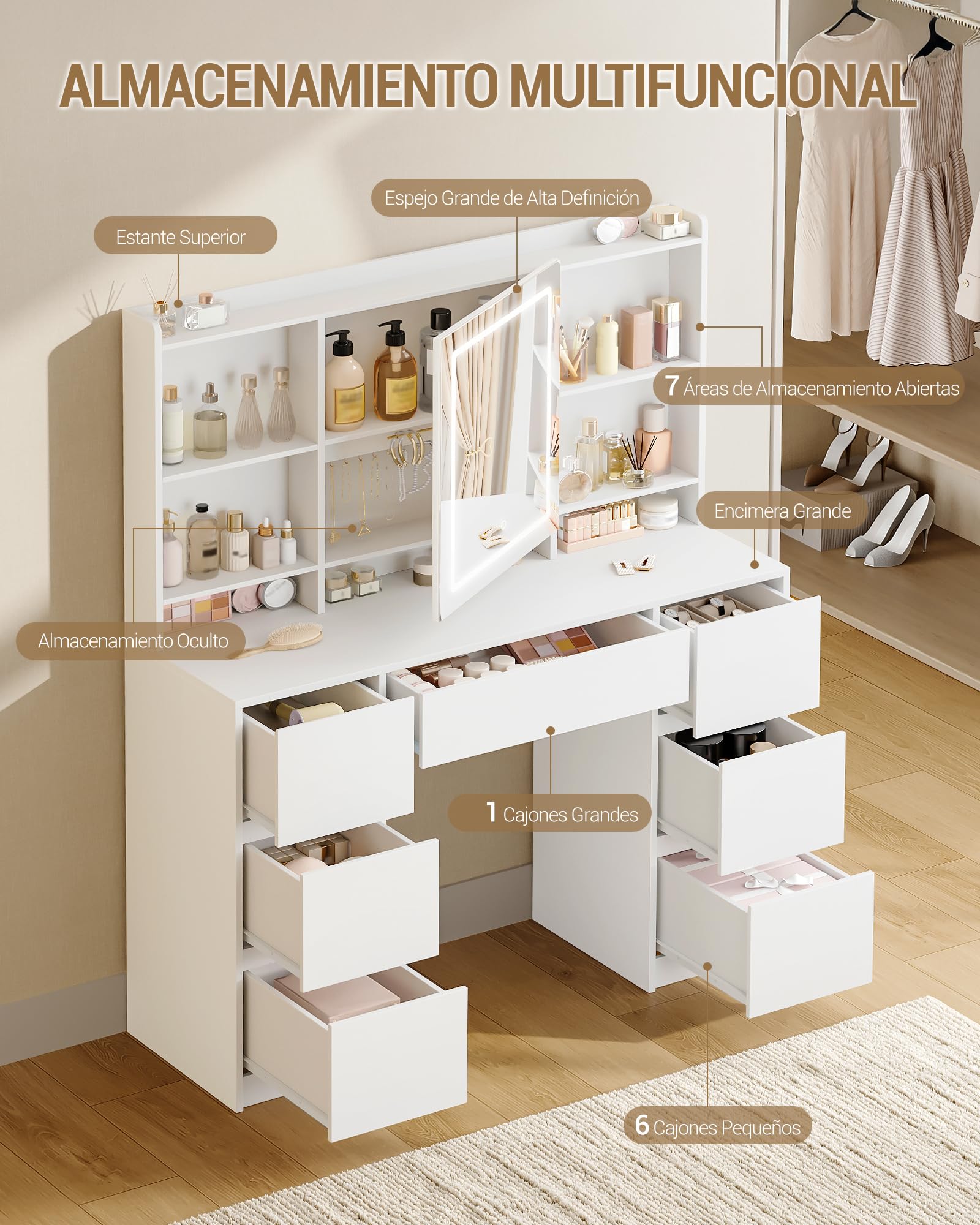 Hzuaneri 108 cm Tocador de Maquillaje Grande, Tocador con Luz LED Ajustable, Espejo, 7 Cajones, 4 Estantes, Almacenamiento Detrás del Espejo, Estilo Moderno, Dormitorio, Blanco DT43203XEU