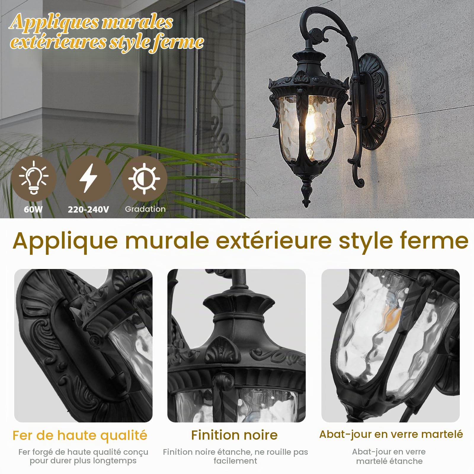 Applique murale d'extérieur vintage, lanterne de jardin, noire, étanche, en aluminium et verre, lampe extérieure E27, pour porte, maison, villa, balcon, garage, couloir, terrasse