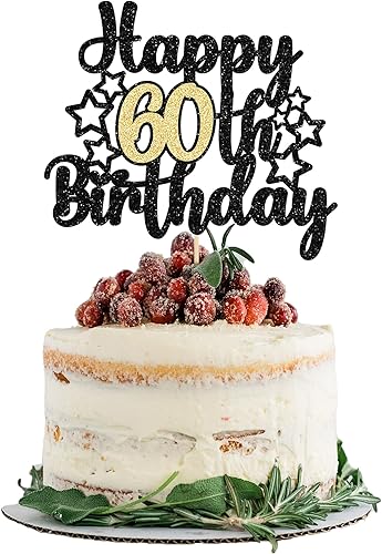 Gyufise 1 pieza de decoración para pastel de cumpleaños 60, color negro y dorado con purpurina para 60 años, selección de pastel de 60 años,