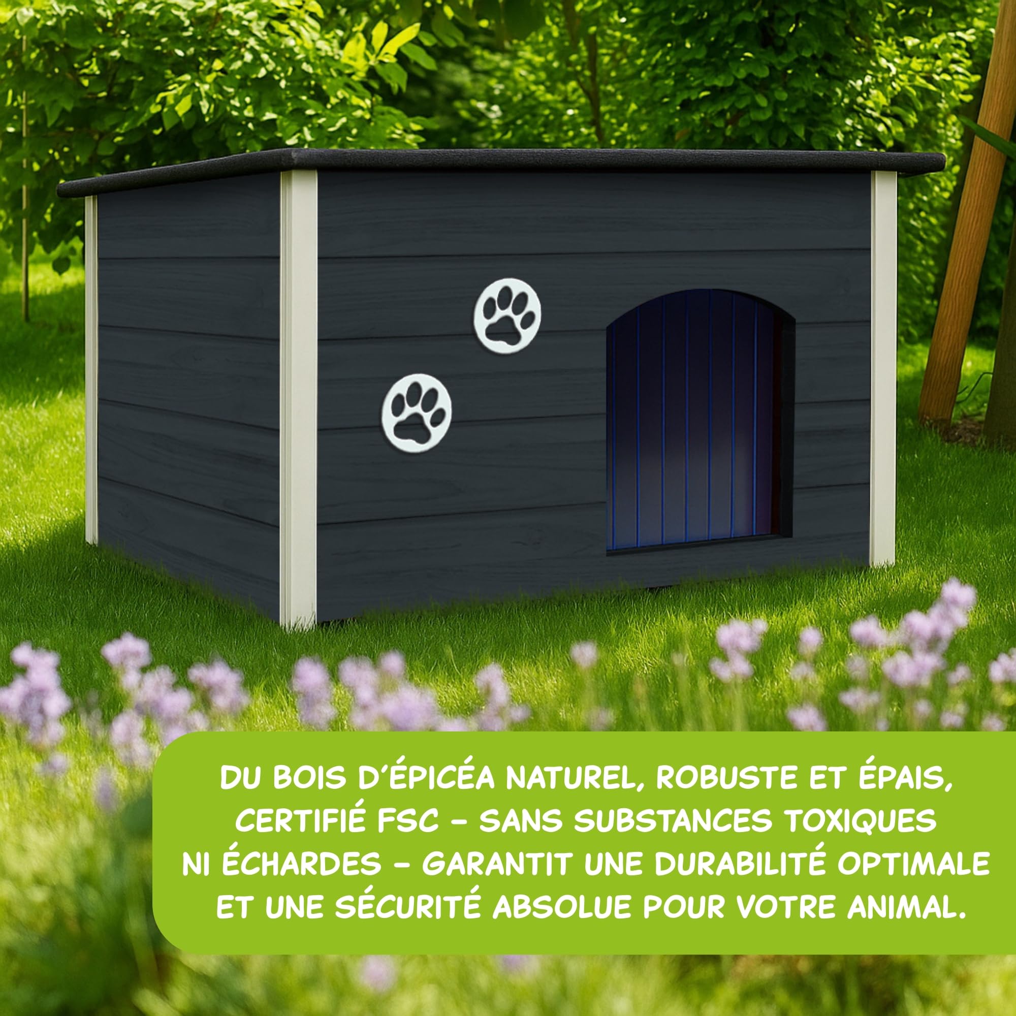Outentin Niche pour Chien en Bois Isolée XL – Grande Maison Chien Extérieur Hiver – Refuge pour Chiens Jardin avec Toit Ouvrant – Niche Extérieure pour Grand Chiens en Bois FSC – 105 x 71 x 64 cm,Gris