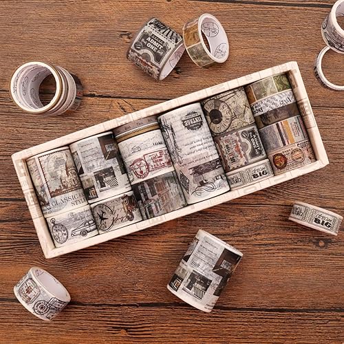 HADEEONG Juego de 18 rollos de cinta washi vintage, suministros de diario de chatarra, calcomanías de cinta adhesiva decorativa para manualidades,