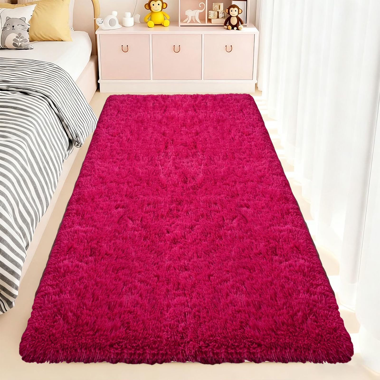 Tapis de salon rose rouge moelleux pour chambre et pièce à vivre