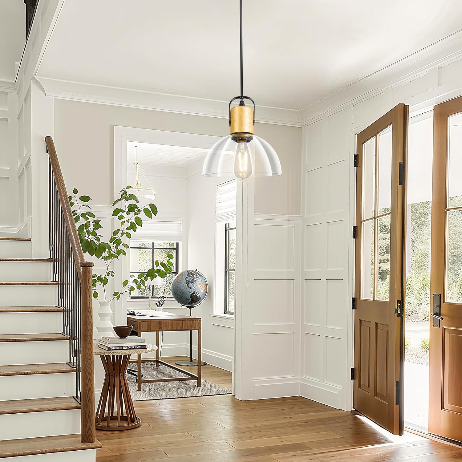 2 Pack Glass Pendant Lights Kitchen Island, Modern Farmhouse Pendant Light Fixture with 7.5" Clear Glass Shade, Hanging Light for Dining Room, Bedroom, Bathroom, Solid Wood