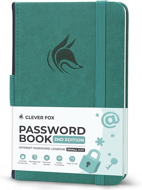 Clever Fox Password Book 2nd Edition Small  Pocket Password Keeper with Laminated Alphabetical Tabs  Internet Address Notebook & Login Details Organizer Journal  8.9x14.2cm (Aquamarine)