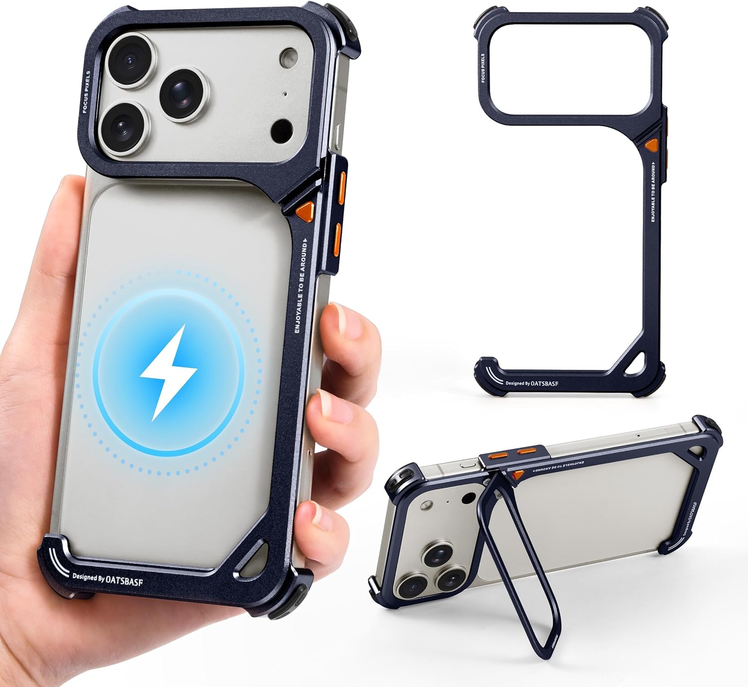 Metal Bumper Case for iPhone 17 Pro Max, Aluminum Alloy Frameless Hollow Back with Kickstand Raised Edge Compatible with Magsafe, Minimalist Slim Shockproof Cover Hard Shell, Blue